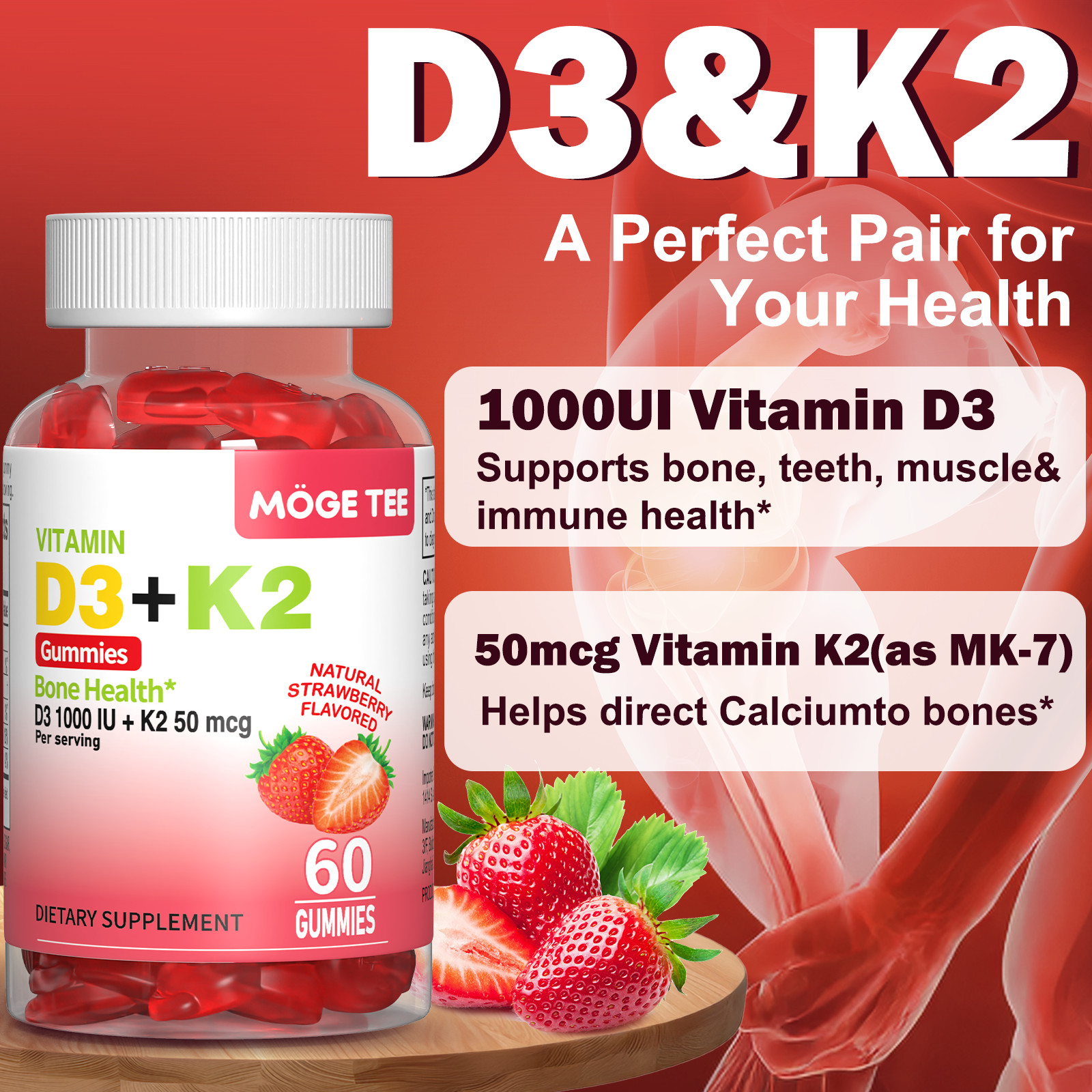 Vitamin K2 D3 Gummies Bone Immune Support Non-GMO 60-240 Count Strawberry Flavor