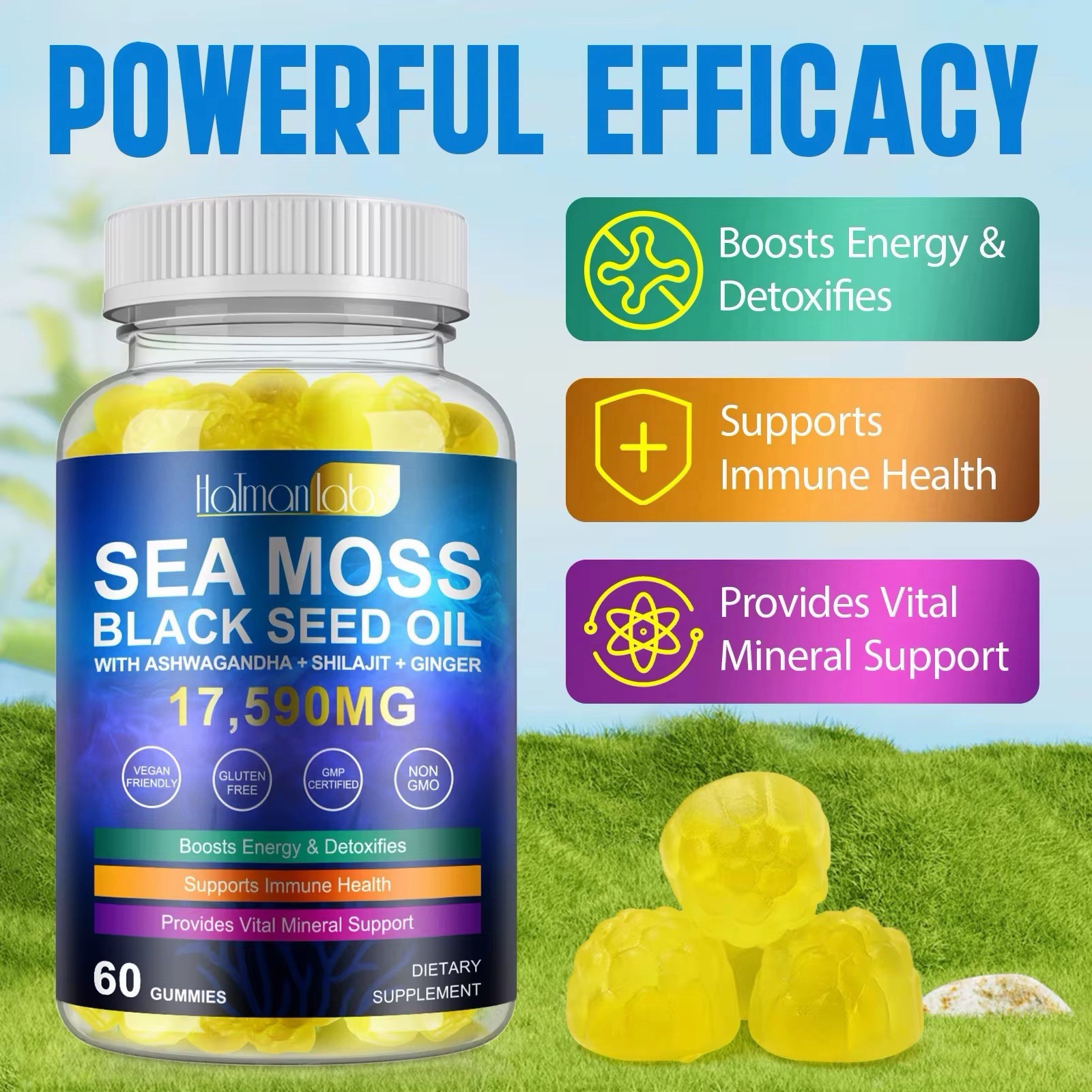 HatmanLabs Sea Moss Shilajit Black Seed Oil Ashwagandha Gummies 60 Ct