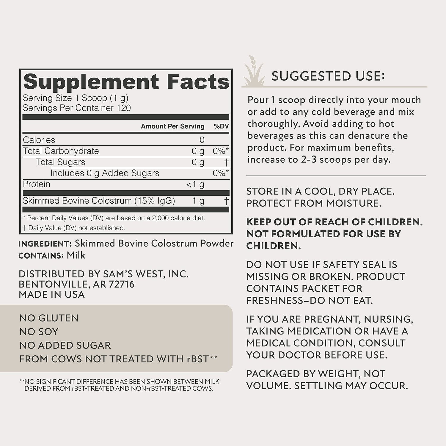 Member’s Mark Colostrum Powder, Unflavored, 120 g.