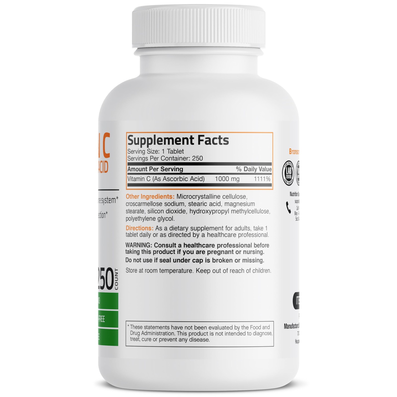 Bronson Vitamin C 1000mg Premium Non-GMO Ascorbic Acid 250 Count (Pack of 1)