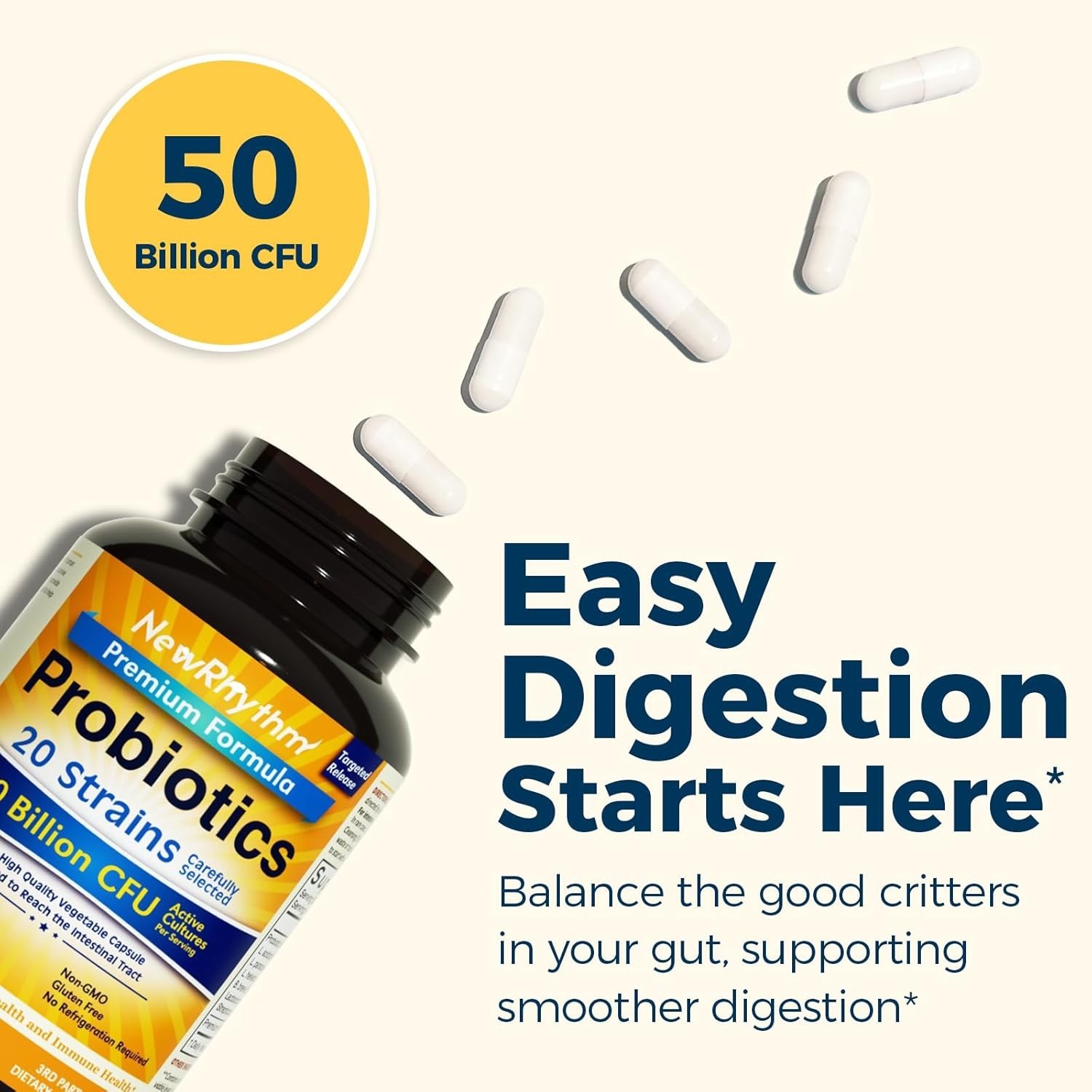 NewRhythm Probiotics 50 Billion CFU 20 Strains, 60 Veggie Capsules, Targeted