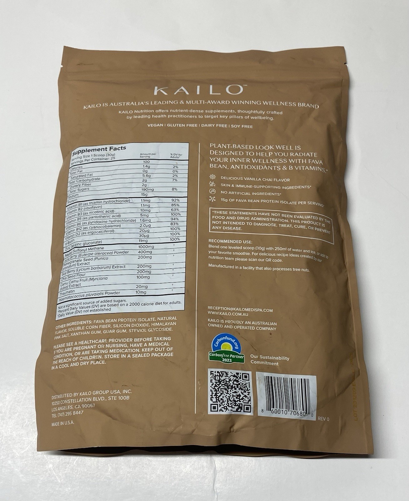 KAILO Nutrition Plant Based Protein LOOK WELL ANYTIME Vanilla Chai Exp 12/25