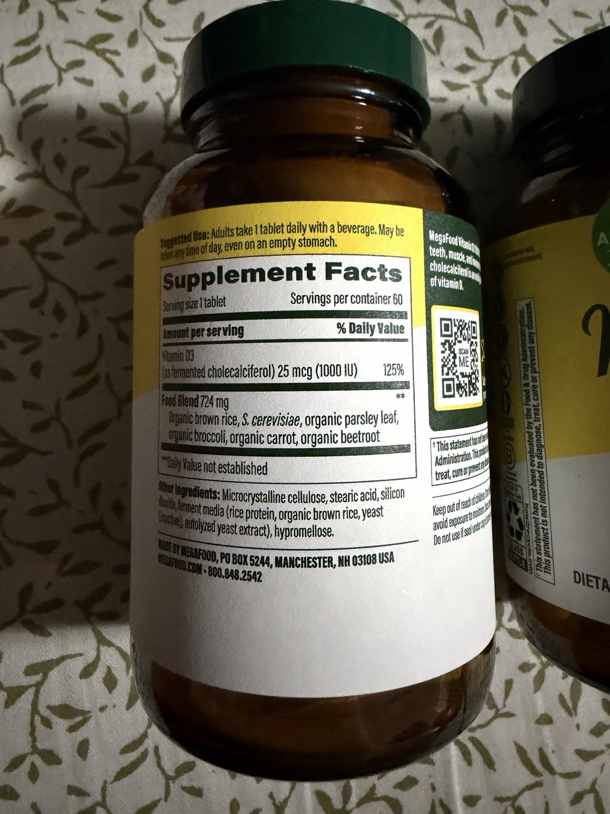 2x MegaFood Vitamin D3 – 60 Tabs (120 Total) – 25 mcg (1000 IU) – Exp 01/2028