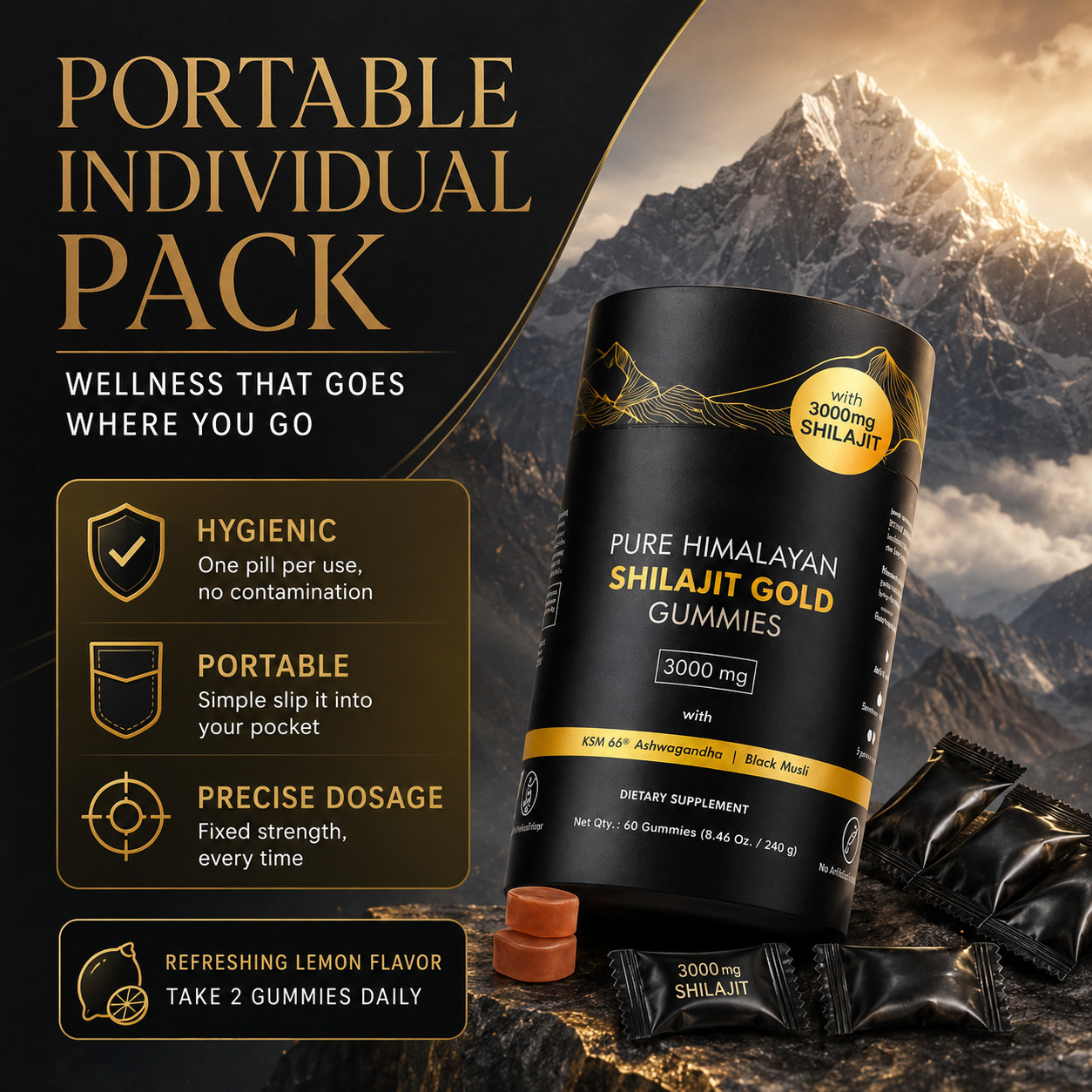 100% Pure Organic Shilajit GOLD Gummies, Ashwagandha, Fulvic Acid& other 3000mg