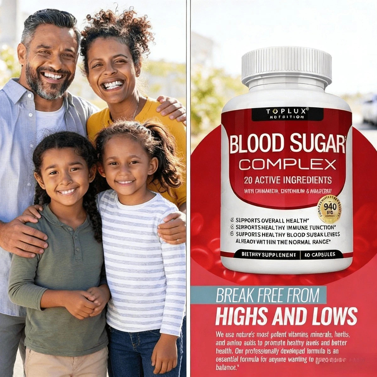 Blood Sugar Balance Blend,Toplux with 20 Herb & Vitamin Blend, Vegan, 60 Caps
