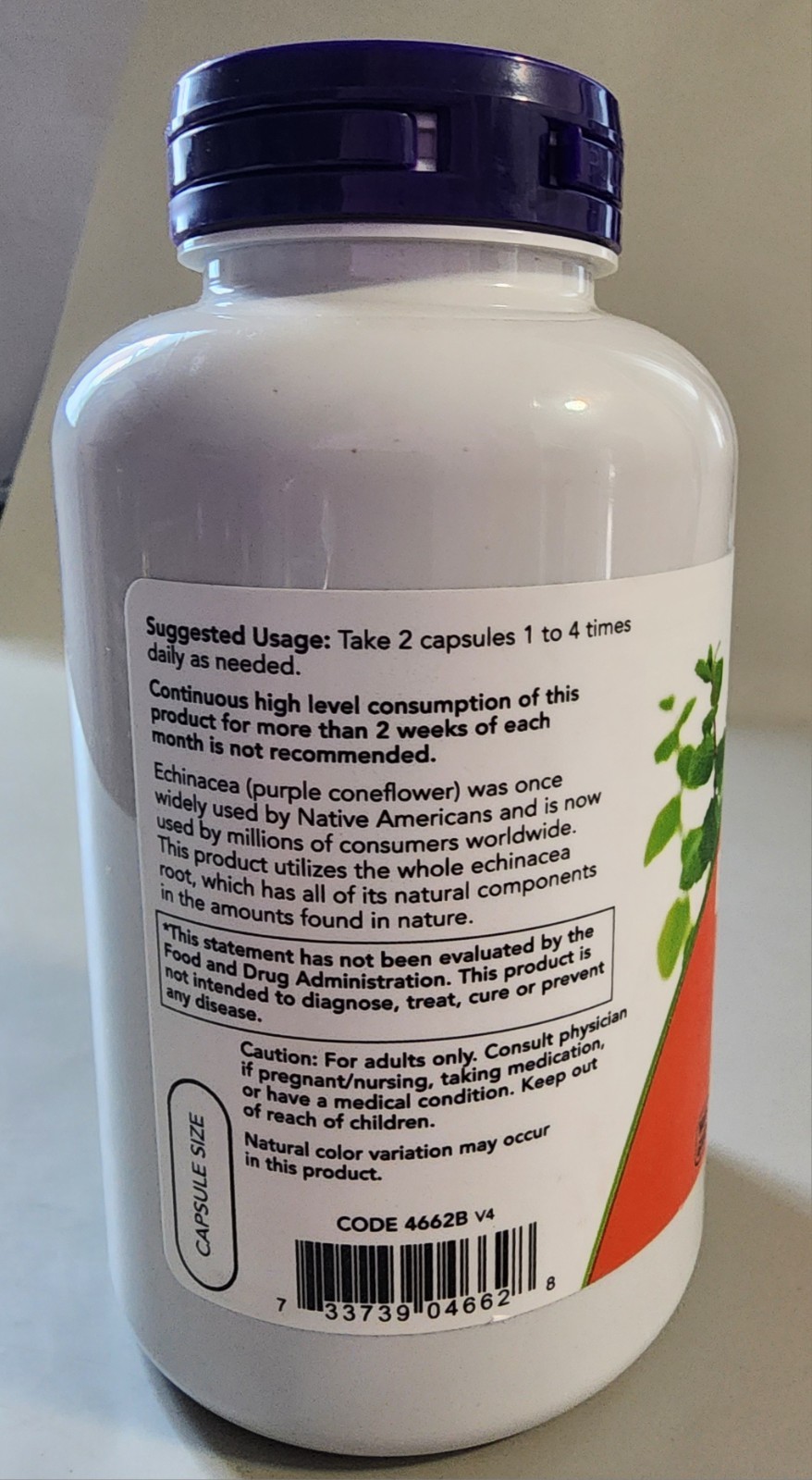 Now Supplements Echinacea – 400 mg – 250 Vegan Caps EXP 06/2026
