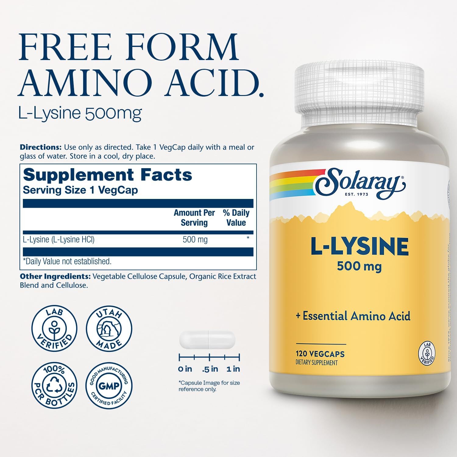 12/28 SOLARAY L Lysine 500 mg Capsules – Free-Form Essential Amino Acids Supplem