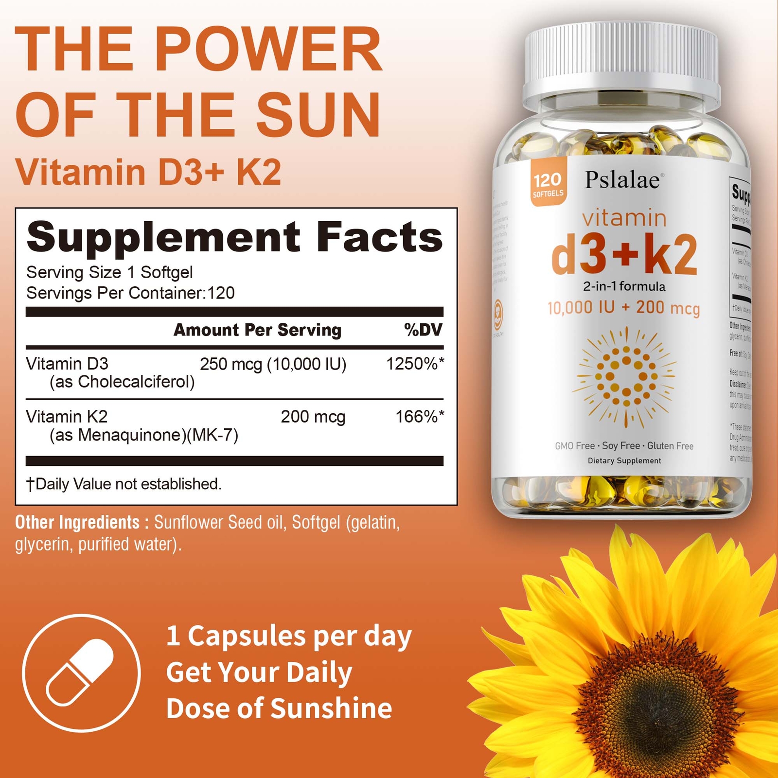 Vitamin D3+K2 Softgels 10000 IU – Immune Support Bone Health Anti-Inflammatory