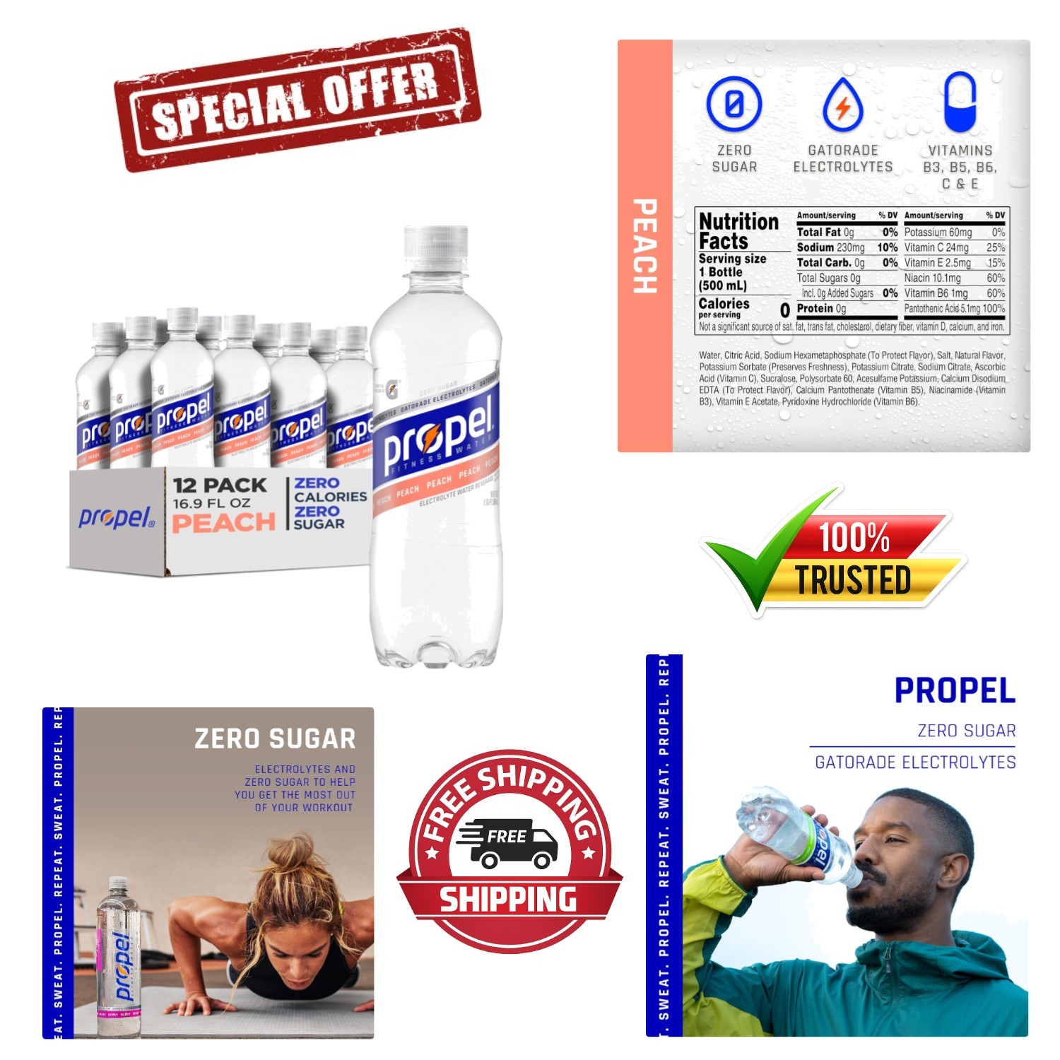 (12 Pack) Propel Peach Electrolytes & Vitamins Sport Water, No Sugar, 16.9 Fl Oz