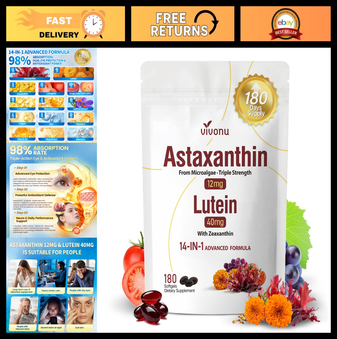 14-in-1 Astaxanthin & Lutein 12mg, Zeaxanthin Softgels – Eye, Skin, Joint Health