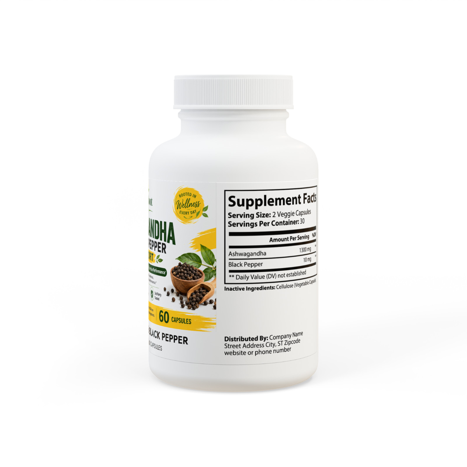 Ashwagandha Black Pepper Supplement 60 Capsules Stress Support Vegan Non-GMO