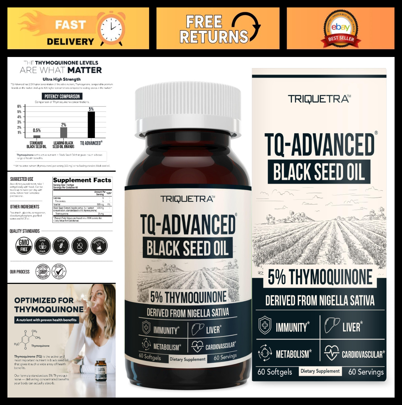High Potency Black Seed Oil Softgels 500mg | 5% Thymoquinone | Vegan, 60 Count