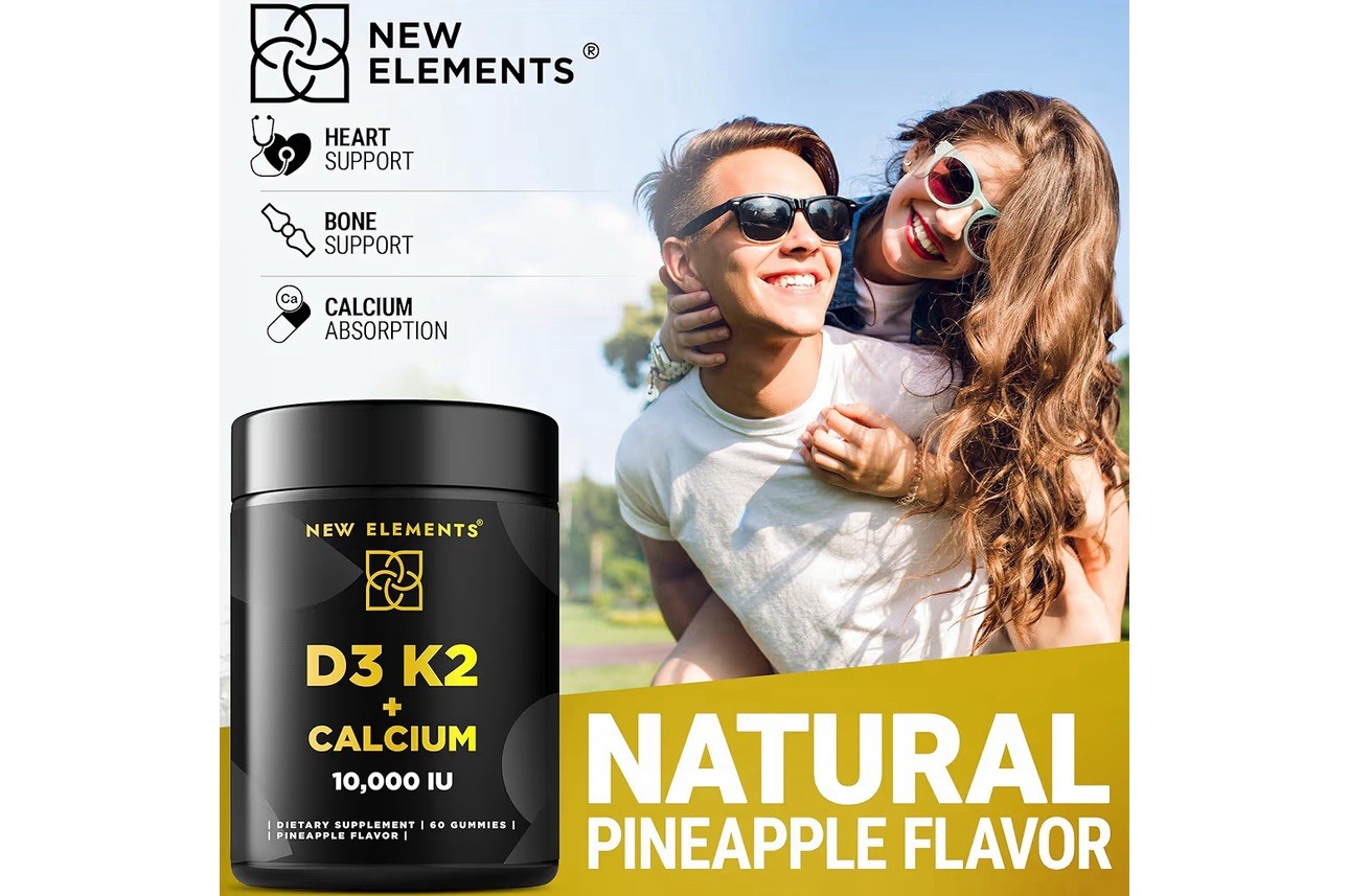 NEW ELEMENTS Vitamin D3 K2 + Calcium Gummies 10,000 IU 60 Count Exp 07/2026