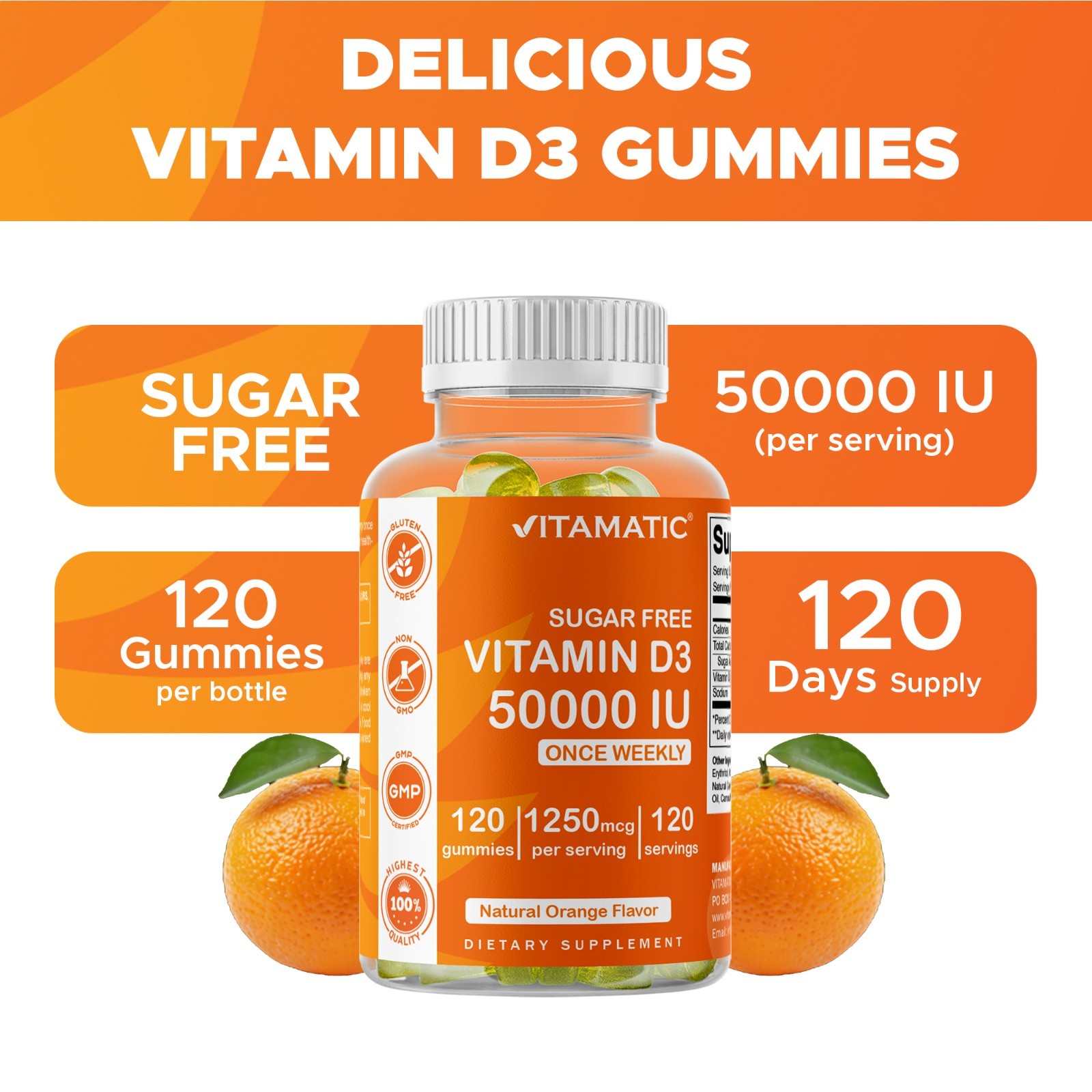 Vitamatic Sugar Free Vitamin D3 (50,000 IU) – 120 Pectin Based Gummies.