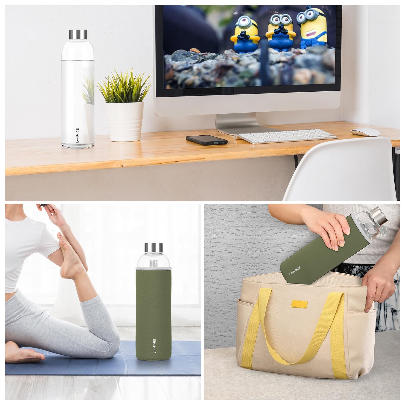 LOOFORE Glass Water Bottles 32 oz, 1 litre 33.8 Ounces, Olive Green