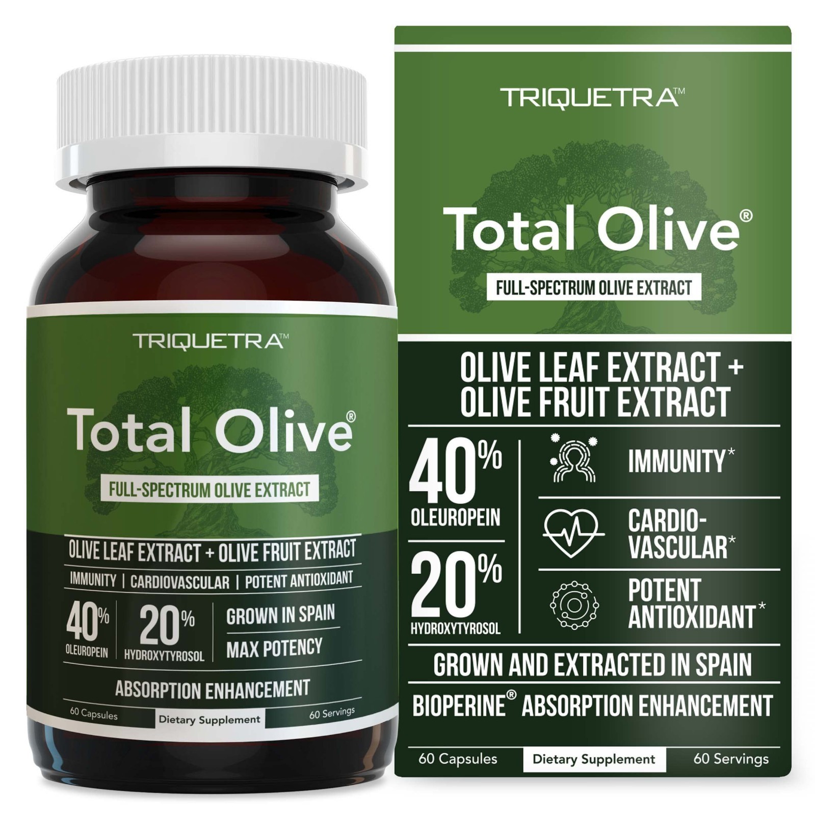 Olive Leaf & Fruit Extract 40% Oleuropein, 20% Hydroxytyrosol, 60 Caps, Enhanced