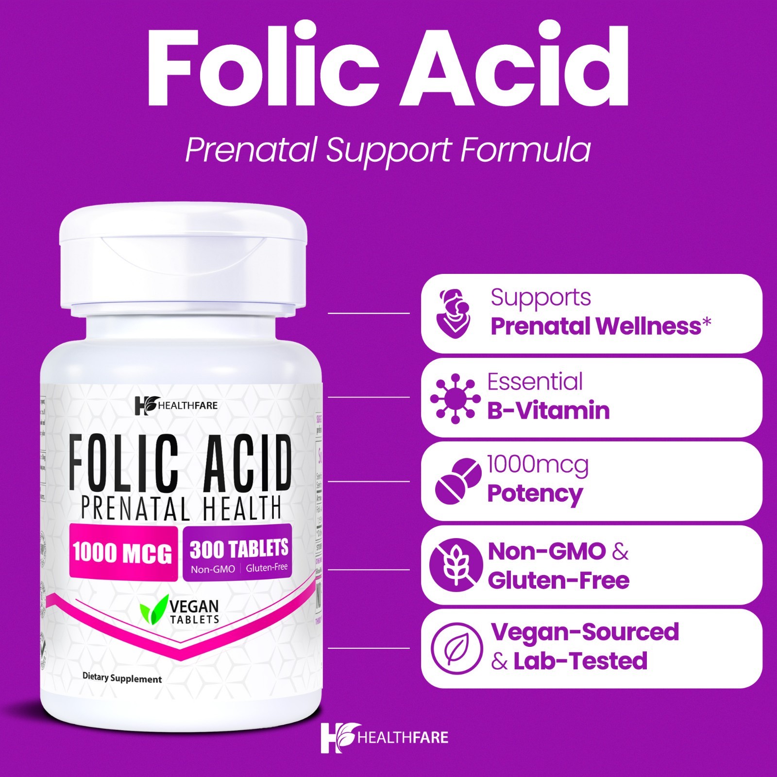 Healthfare Folic Acid 1000mcg 300 Tab Folate Vitamin B9 Water-Soluble Made in US