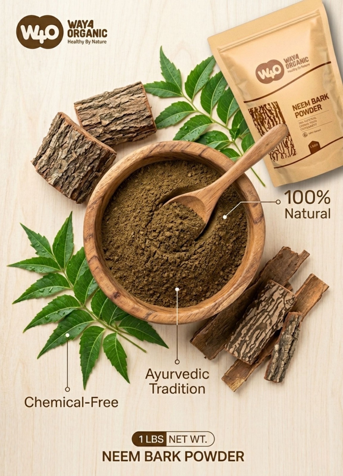 Neem Bark Powder 16 Oz (1 lb) – Dental and Digestion Support (Pack of 2)