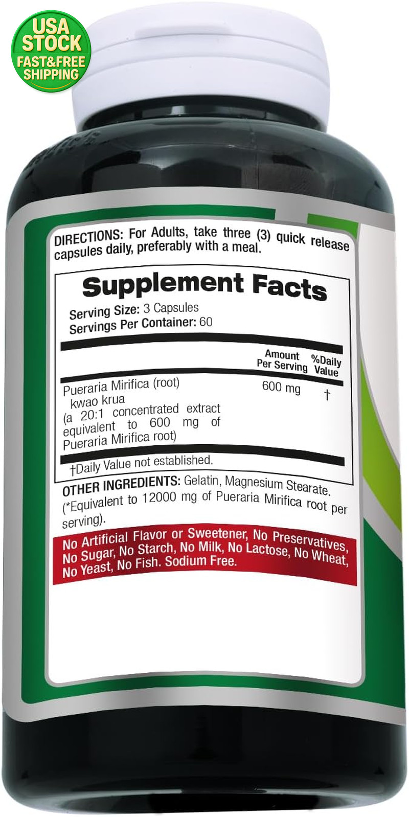 Pueraria Mirifica Capsules 600Mg Herbal Supplement 180 Count 60 Day Supply