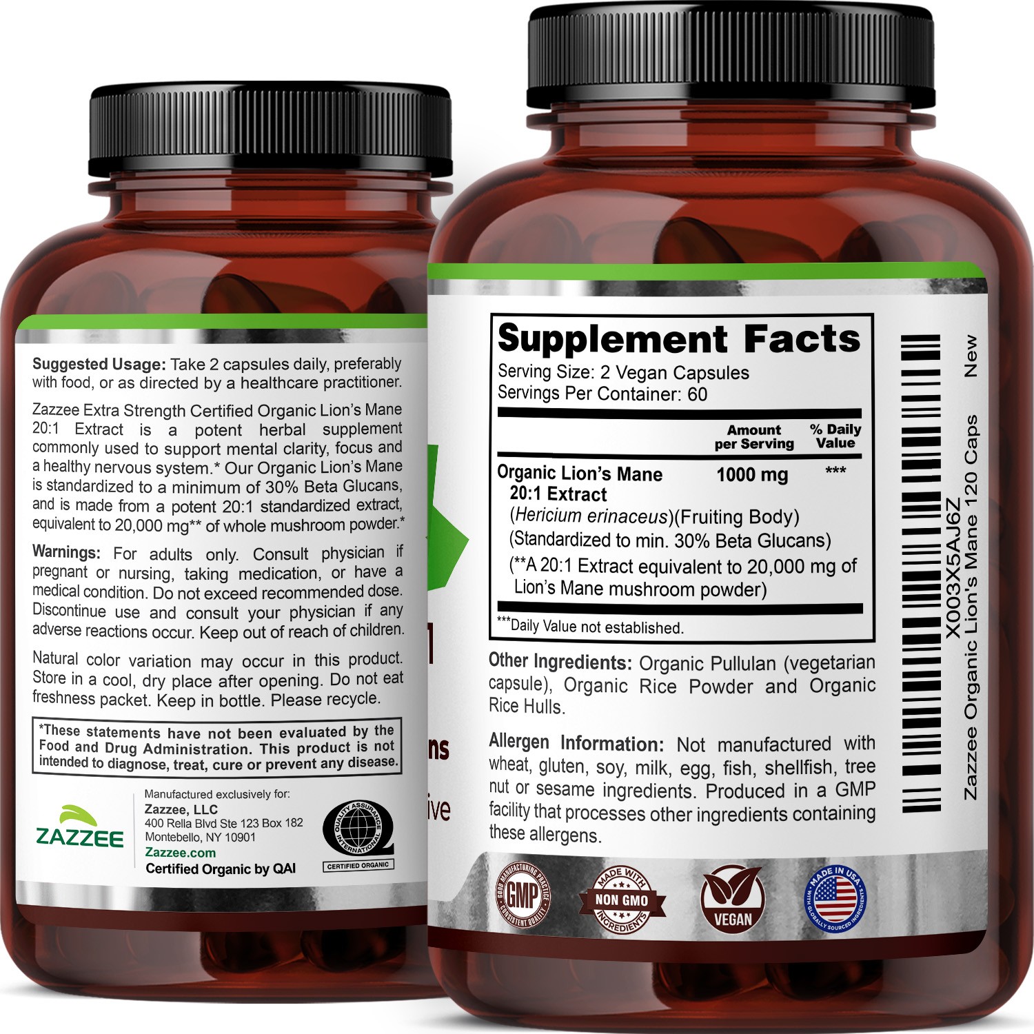 USDA Organic Lion’s Mane 20:1 Extract, 16,000 mg Strength, 120 Vegan Capsules