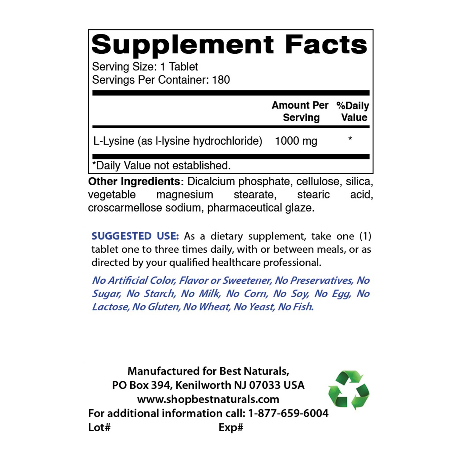 Best Naturals L-Lysine 1000 mg 180 Tablets