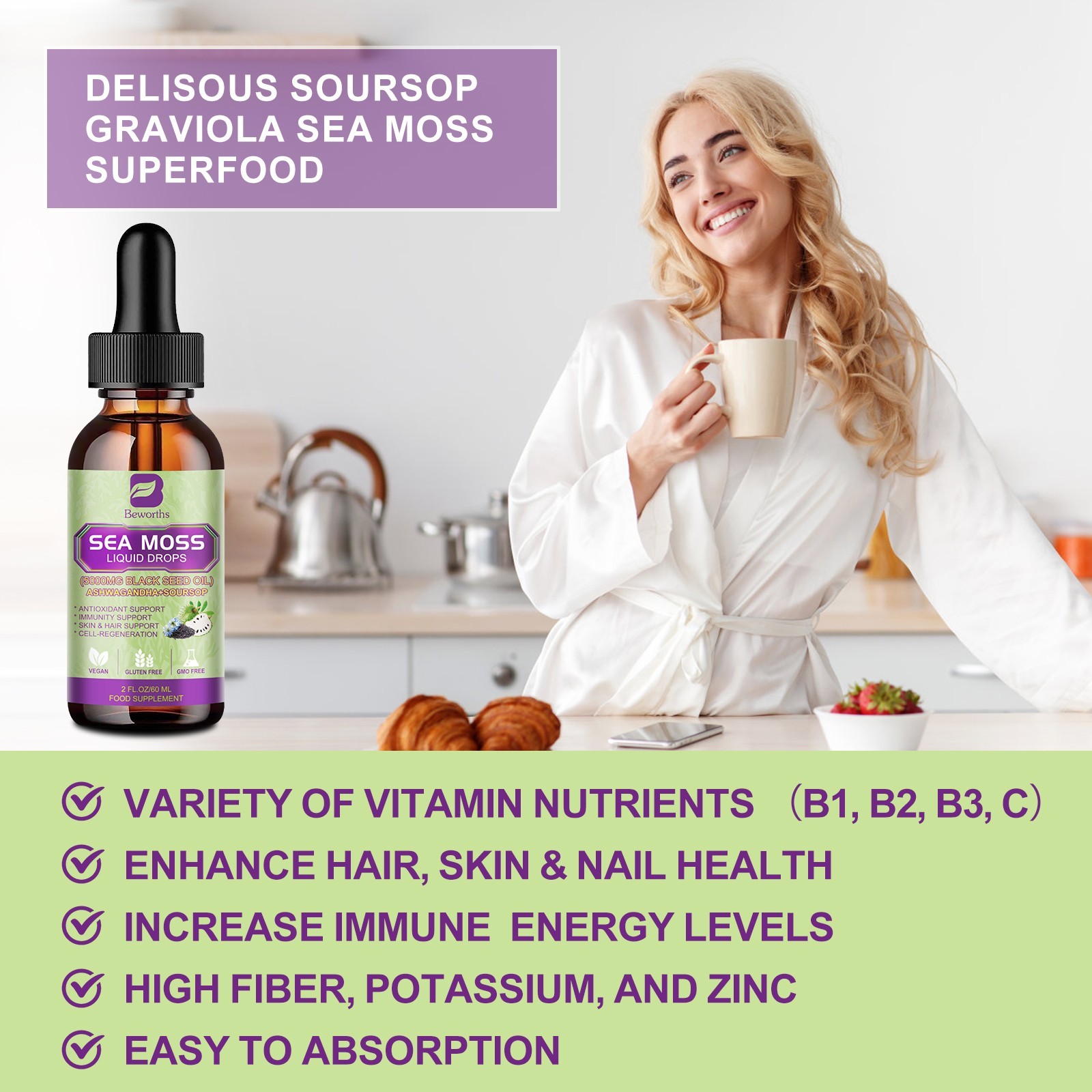 2 Pack Certified Organic Sea Moss Drops Irish Sea Moss Bladderwrack Burdock Root