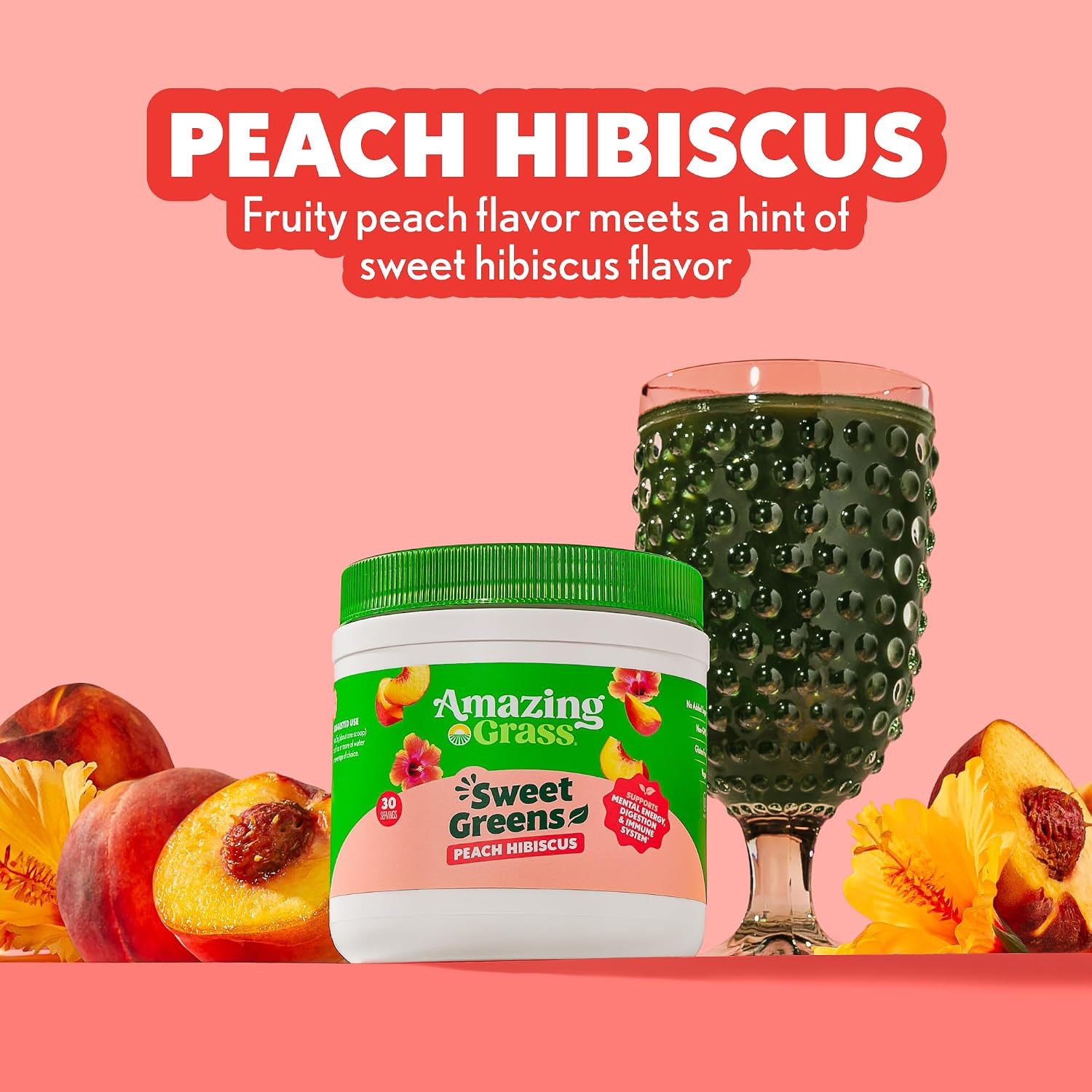 Nourishing Peach Hibiscus Greens Powder with Digestive Enzymes – 30 Servings
