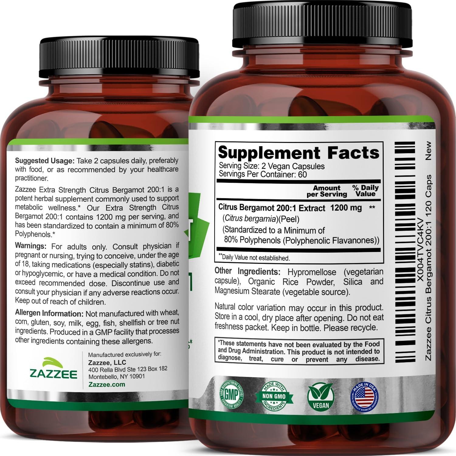 Zazzee Extra Strength Citrus Bergamot 200:1 Extract 1200 mg, 80% Polyphenols