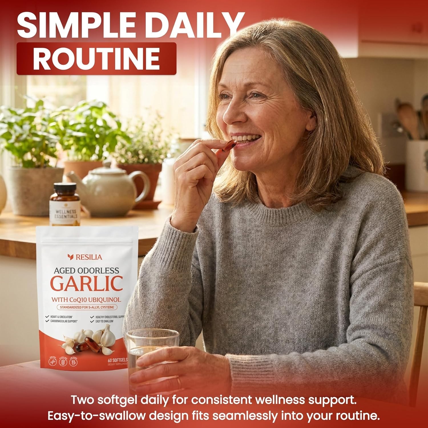 Resilia Garlic Extract 1200mg Softgels (60 Count) – Odorless Aged Garlic Extra..