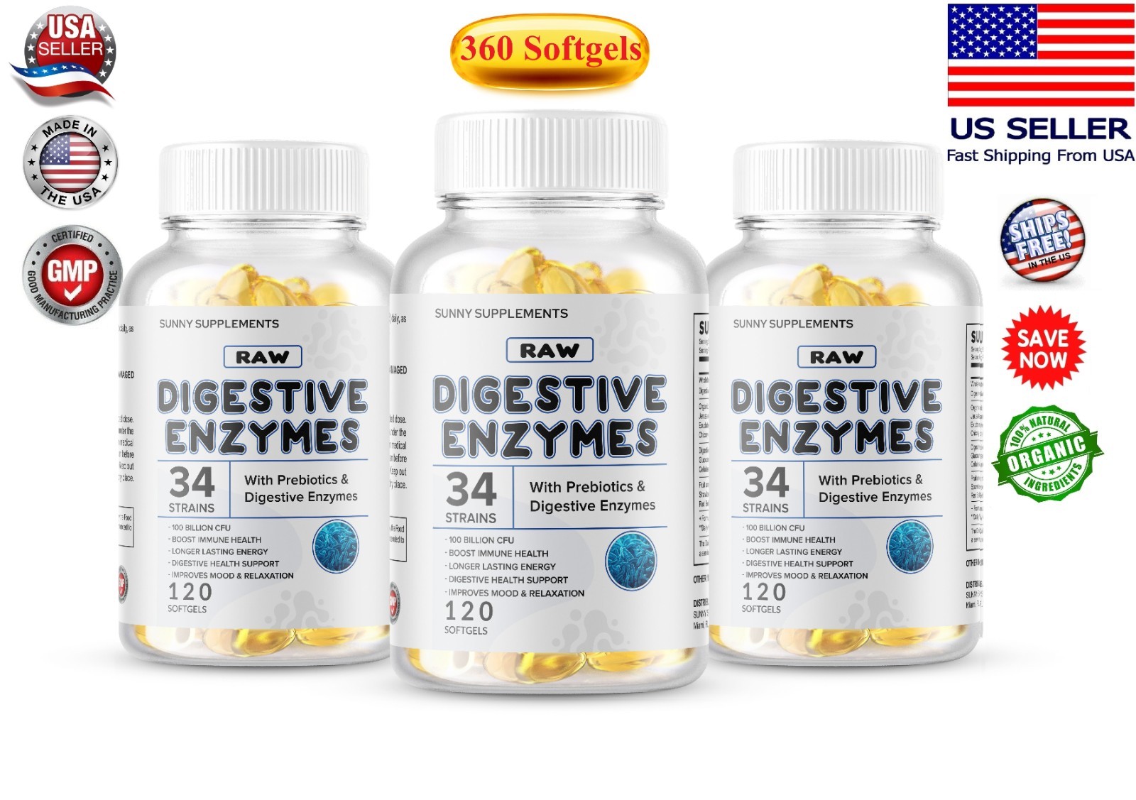 3 x Digestive Enzymes Prebiotic & Probiotics Gas Constipation & Bloating Relief