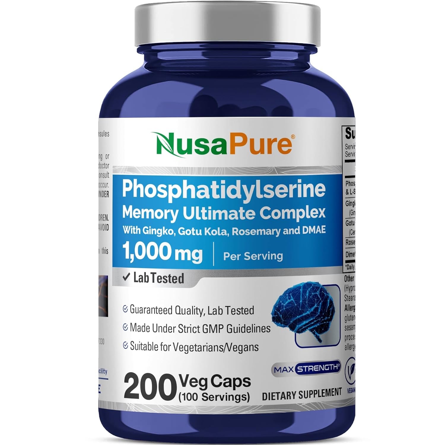 NusaPure Phosphatidylserine Memory Ultimate Complex 1000mg 200 Vegetarian Caps (