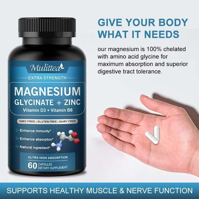 Magnesium Glycinate 500Mg with Vitamin D B6 Zinc Bone Heart Muscle Nerve Health