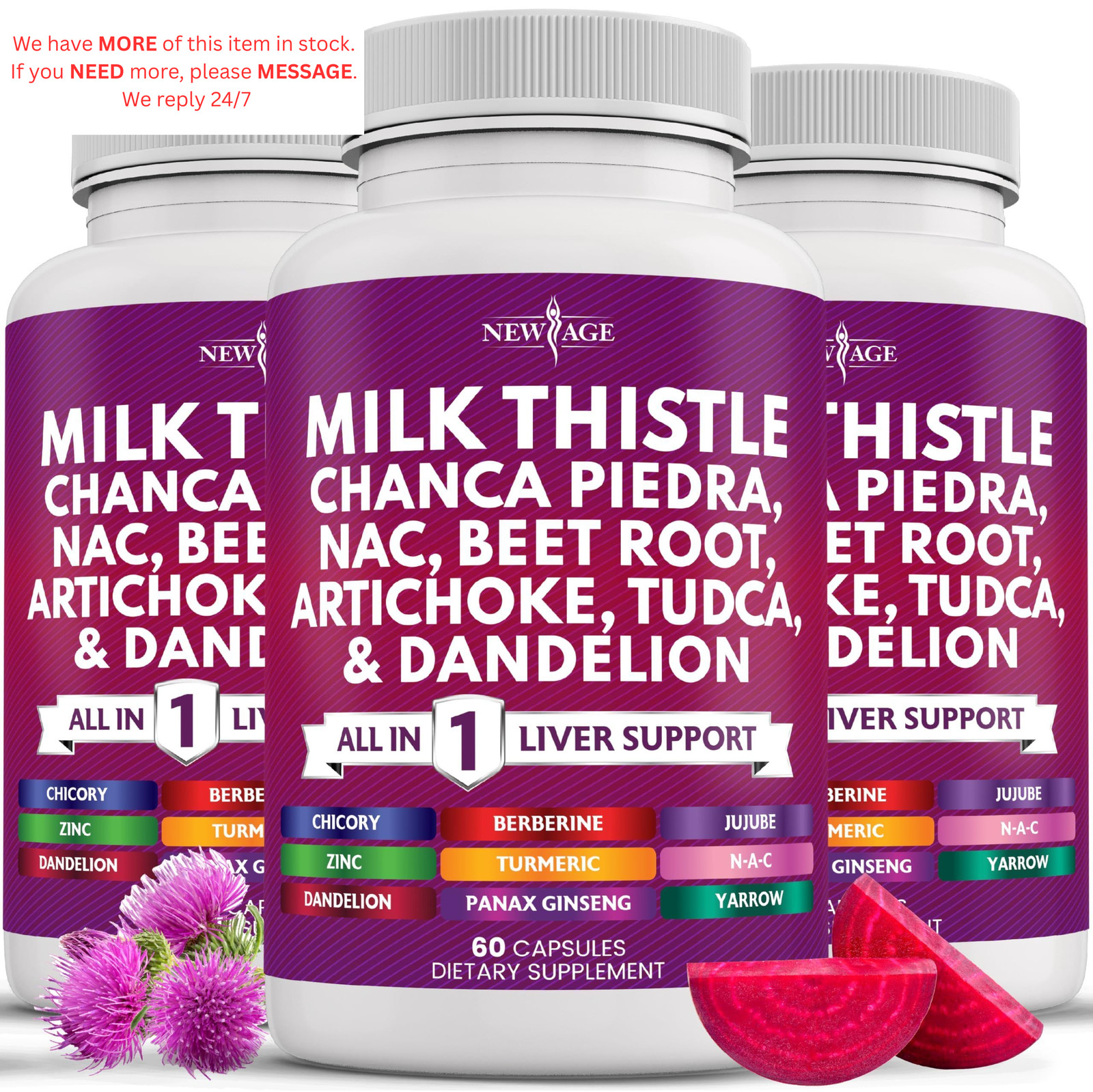 NEW AGE Milk Thistle NAC Chanca Piedra Beet Root 60 Count (Pack of 3)
