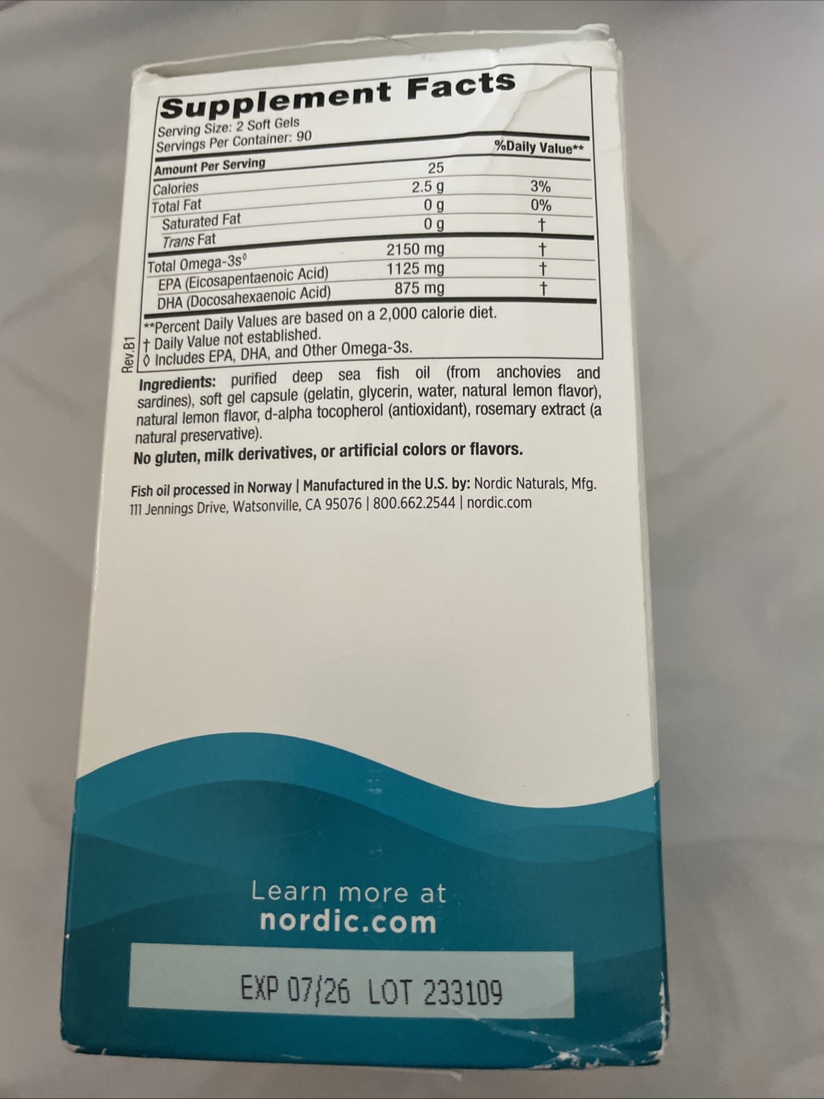 Nordic Naturals Omega-3 Softgel Capsule – 180 Count Exp 07/2026