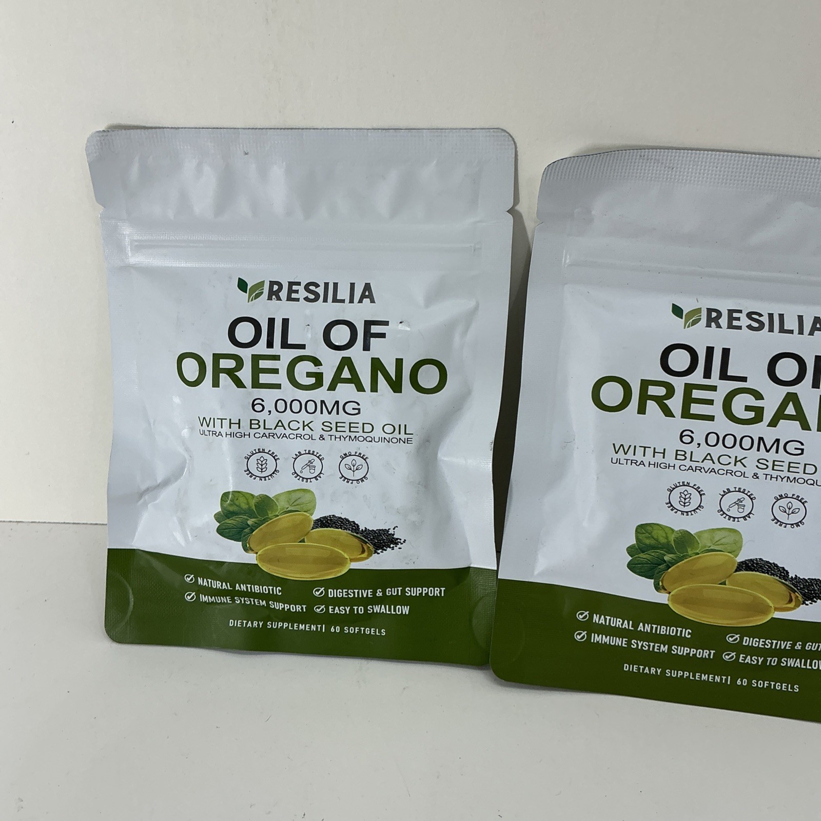 2 Pk Resilia Oil of Oregano 6000 mg with Black Seed Oil- 60 per bag- NEW SEALED