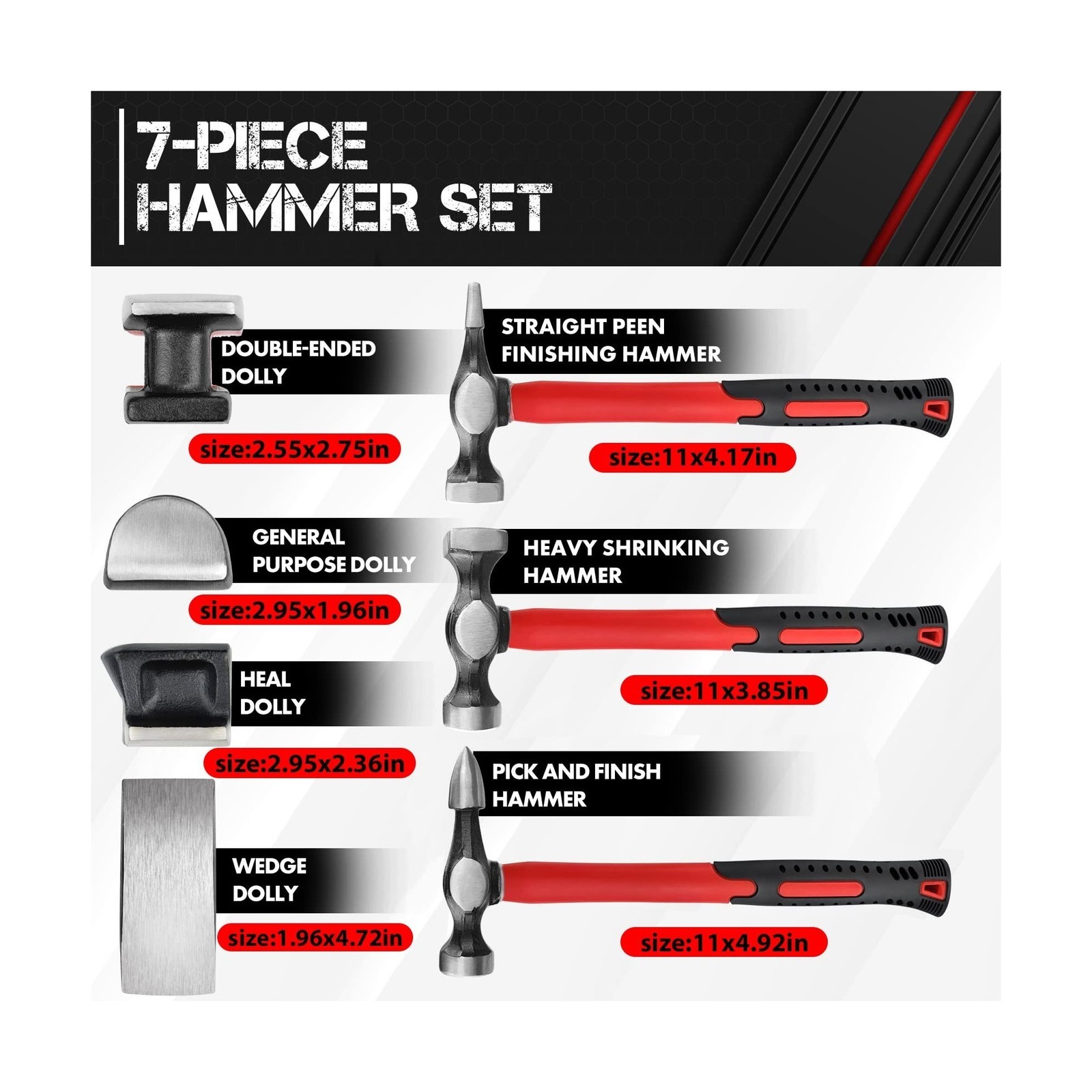 Hammer Dolly Set 7Pcs, Carbon Steel w/ Case – Fit For Auto Body Repair