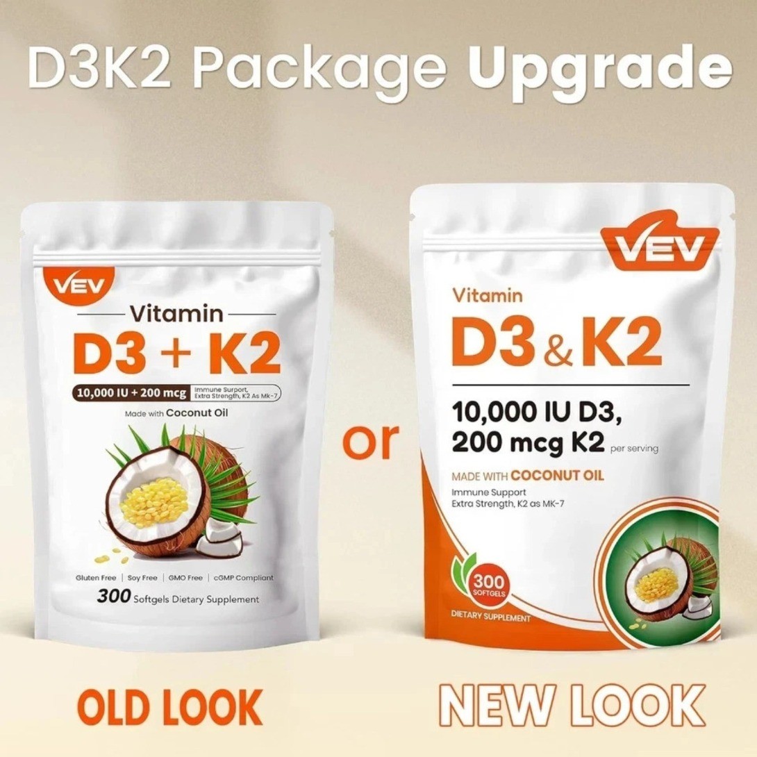 VEV Vitamin D3 Con K2 10000 IU, 300 Virgin Coconut Oil Softgels, 2 in 1 latest
