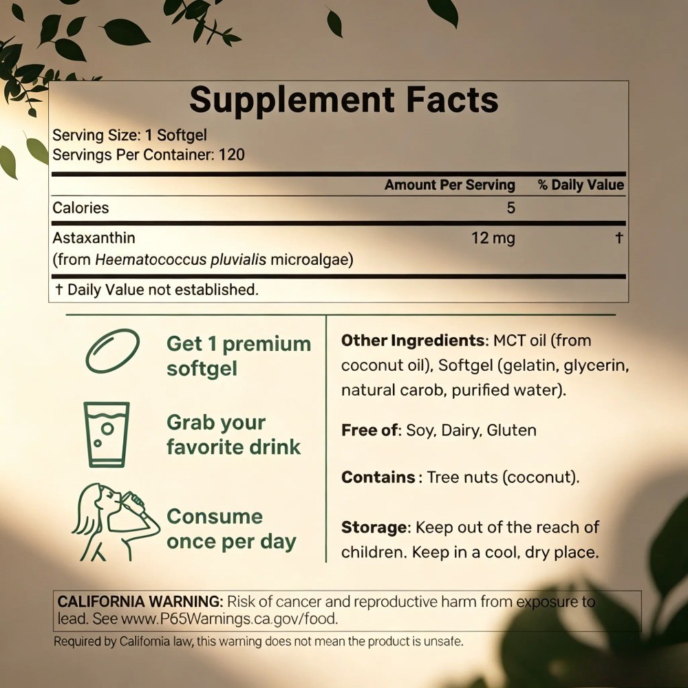 Micro Ingredients Astaxanthin 12mg – Natural Tanning, Easy-to-Swallow Softgels