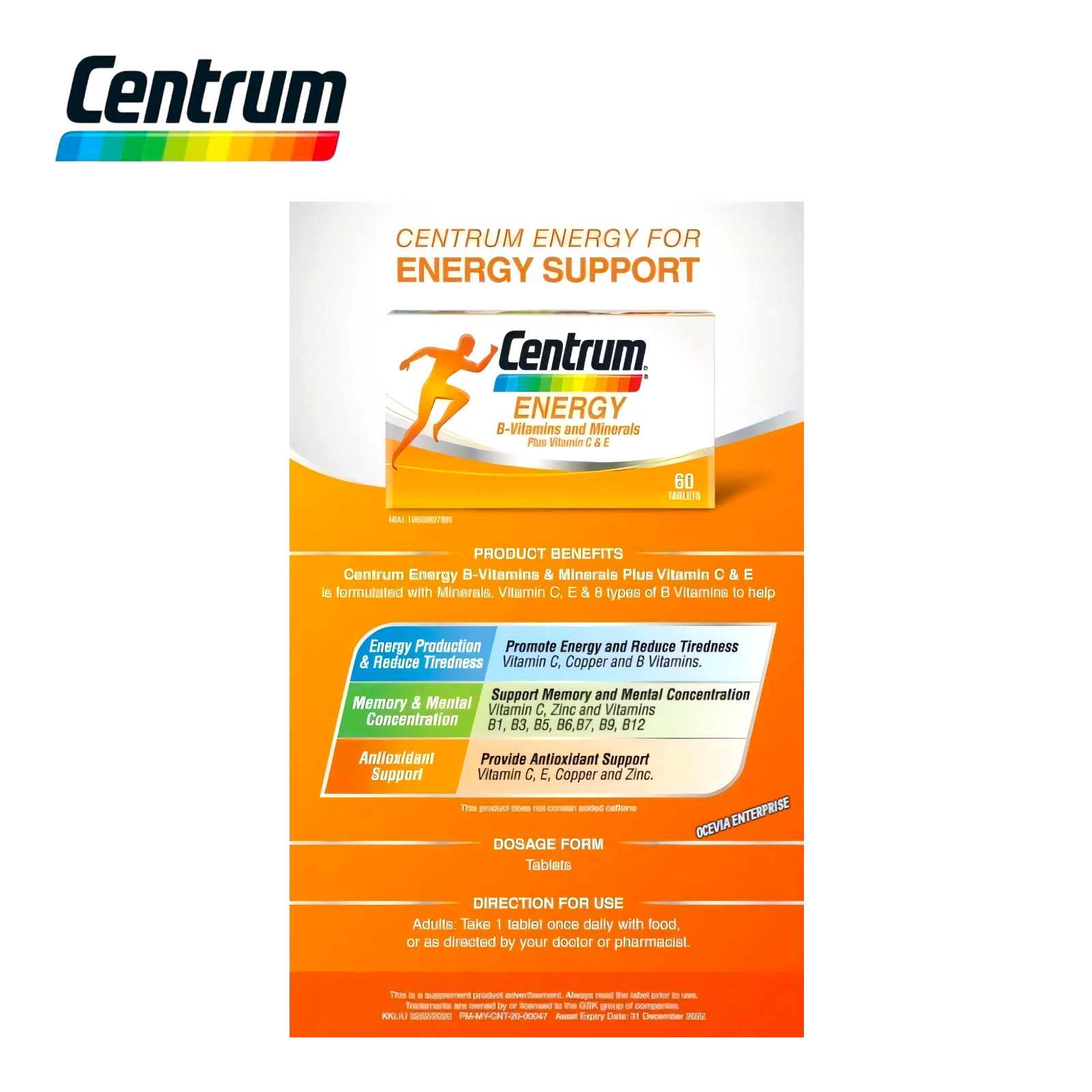 1X60’s New Centrum Energy B-Vitamins & Minerals + Vitamin C & E Daily Supplement