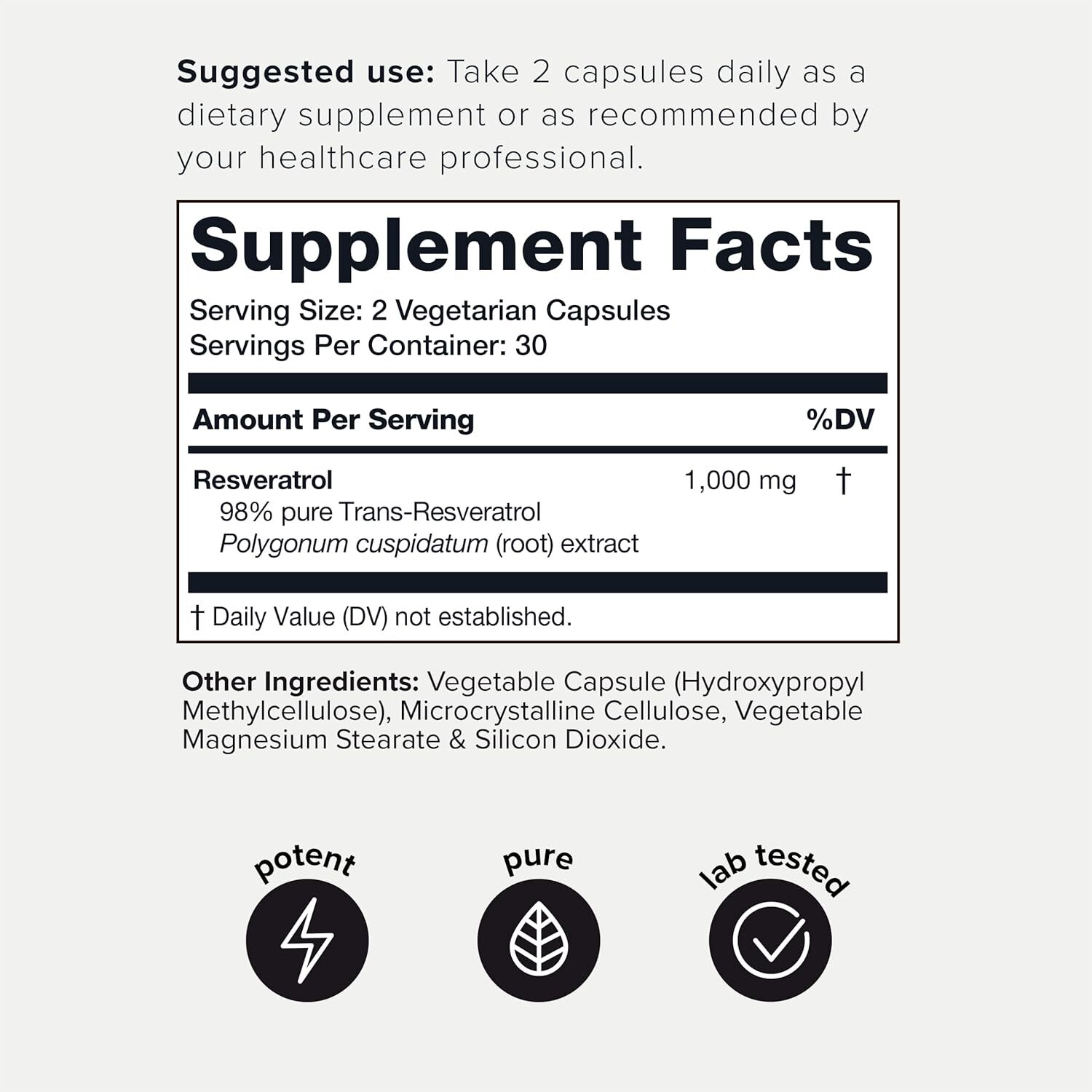Trans Resveratrol 1000mg 98% Pure HighlyPurified Bioavailable Resveratrol 5X60c
