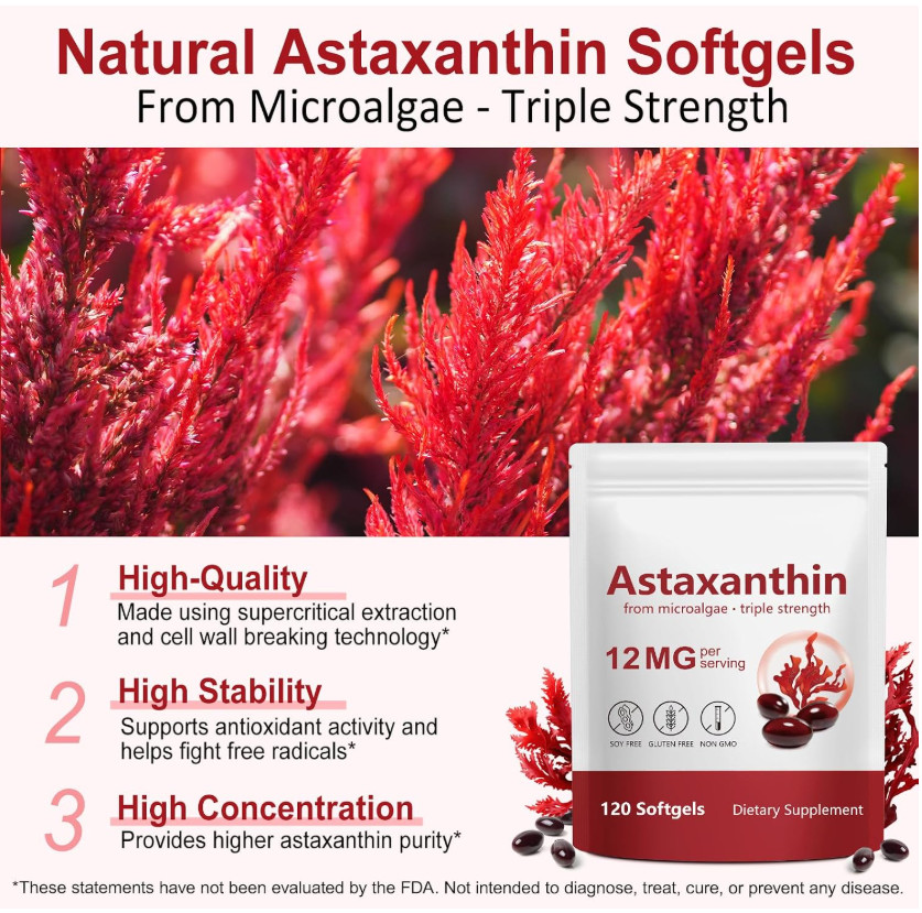 Astaxanthin 12mg 120 Softgels, 4 Month Supply,Triple Strength,Non-GMO,Eye Health