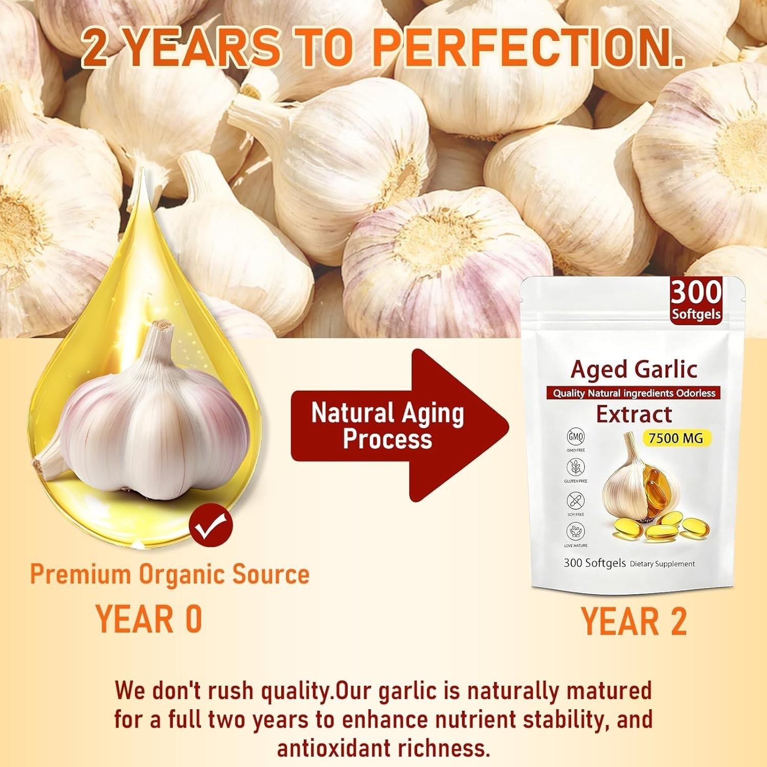 Odorless Garlic 7500mg Per Servings, 300 Softgels | 2 Years Aged Garlic Extra…