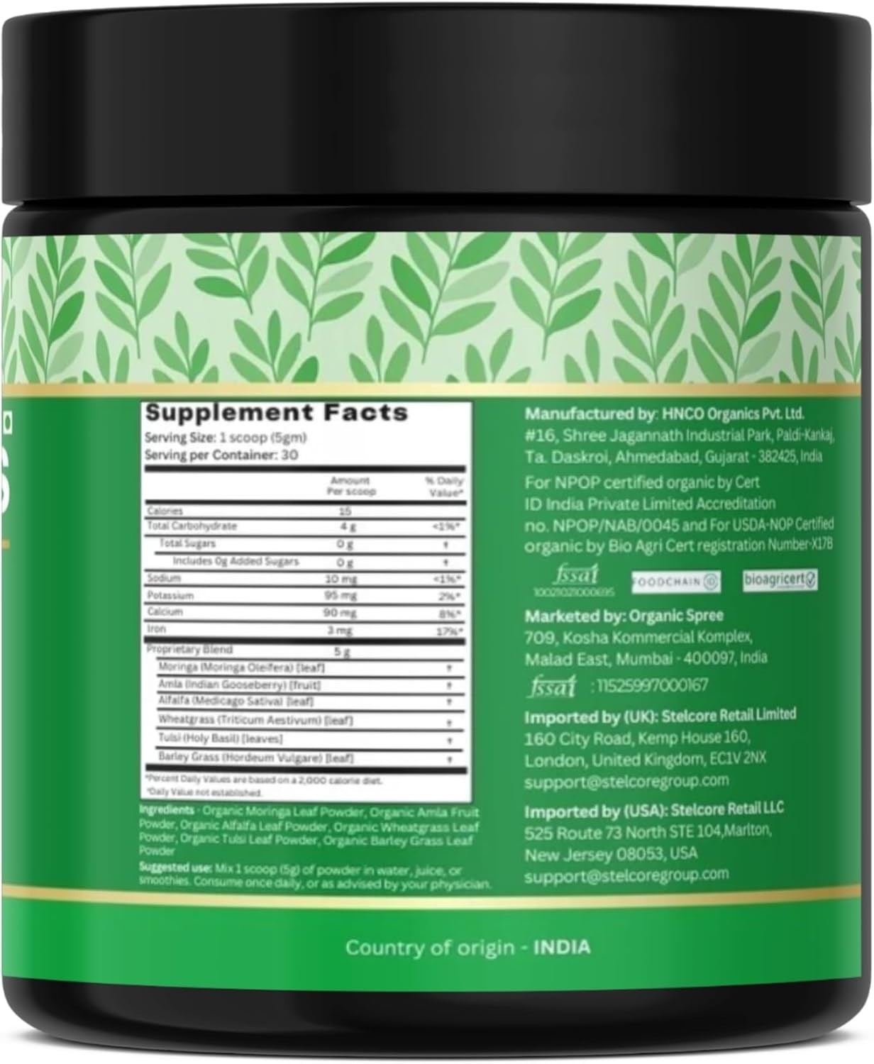 ORGANIC SPREE Super Greens Powder – 150 gm (5.3oz) for Detox & Immunity Support
