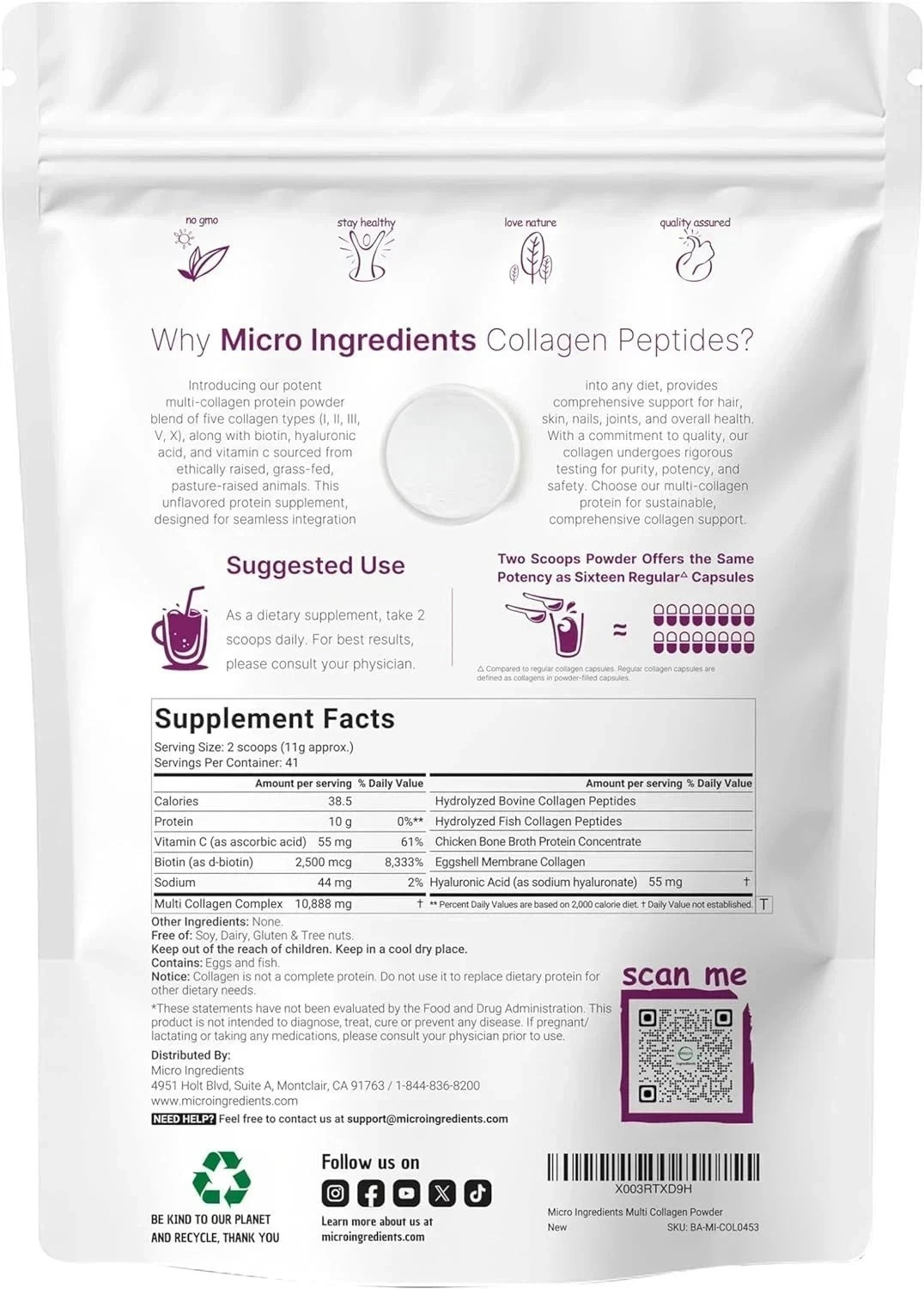 Multi I, II, X Type V, Collagen Peptides Powder–Hydrolyzed III, Protein with 2LB