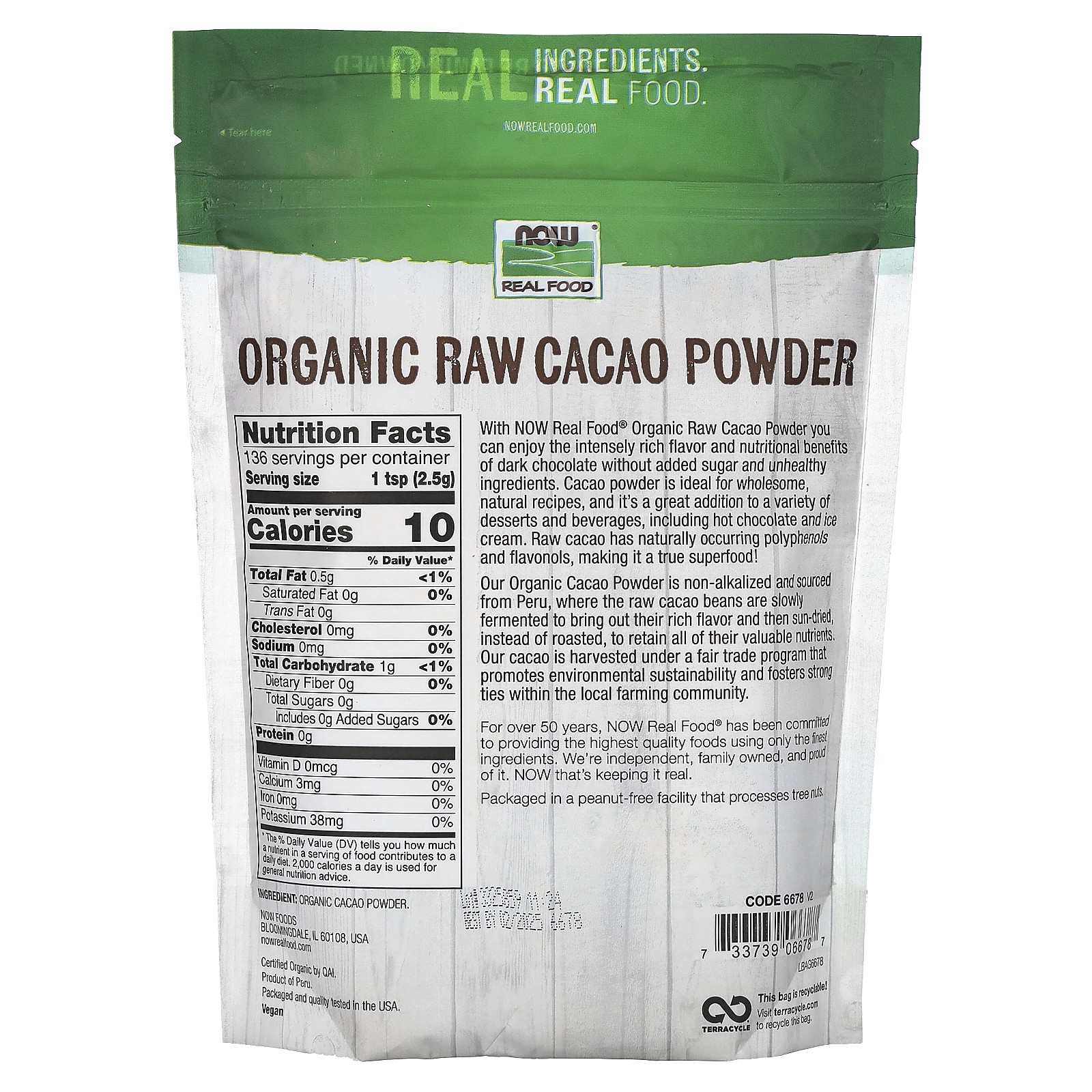Now Foods Real Food Organic Raw Cacao Powder 12 oz 340 g Non-GMO, Organic, Raw,