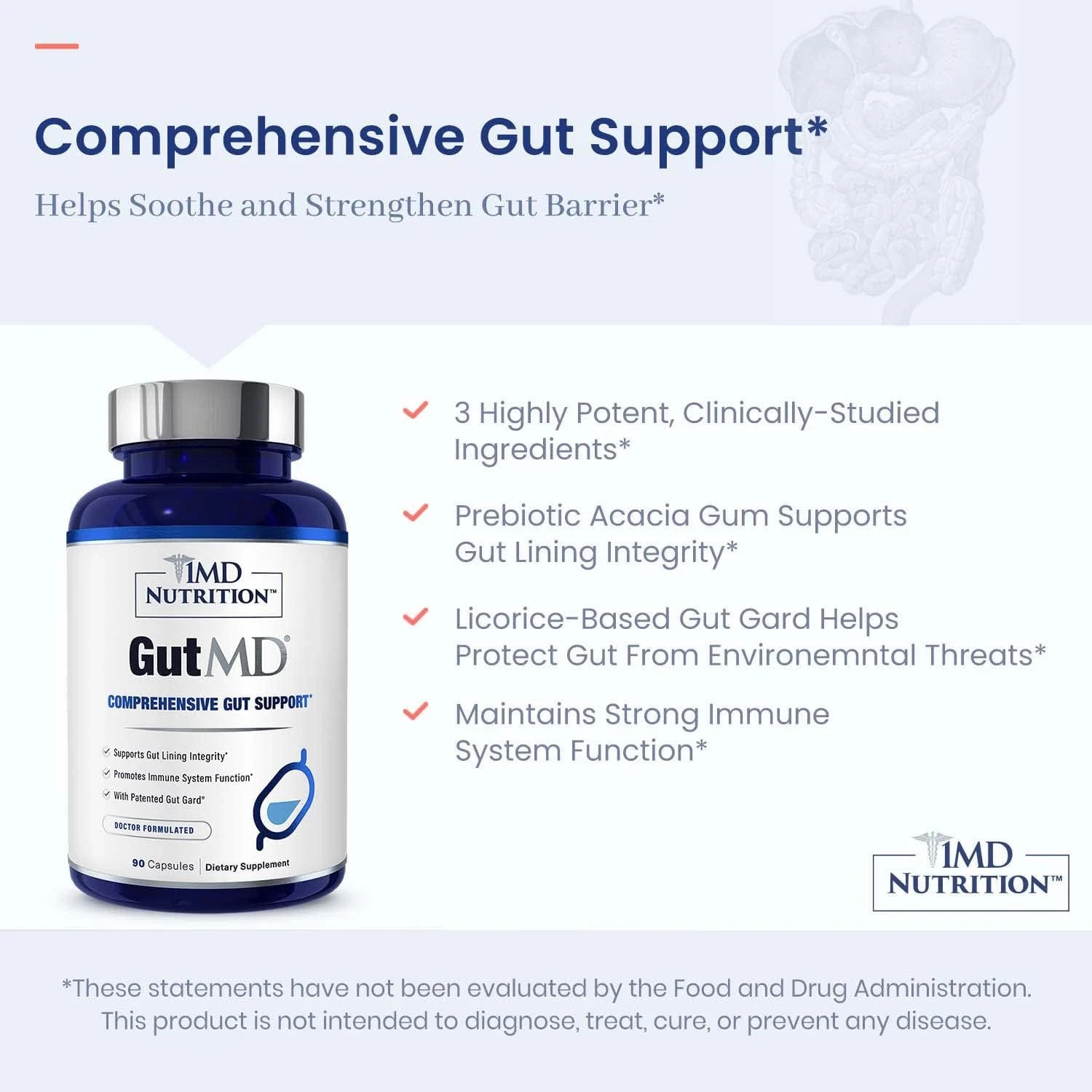 1MD Nutrition GutMD – L-Glutamine Capsules w/Prebiotic for Gut Health – L Glutam