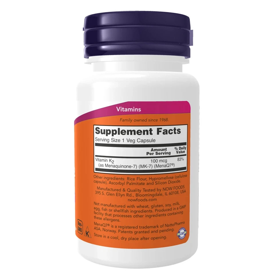 Vitamin K2 MK-7 100 mcg Veg Capsules Daily Dietary Supplement 60 Count
