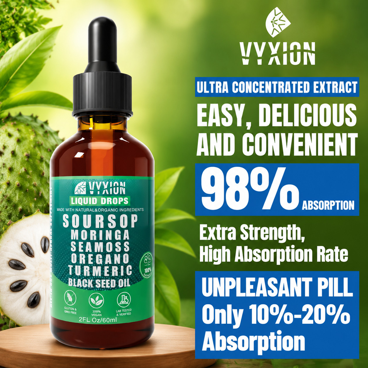 VYXION 10-in-1 Soursop Liquid Drops Seamoss Moringa Immune Gut Support 2oz