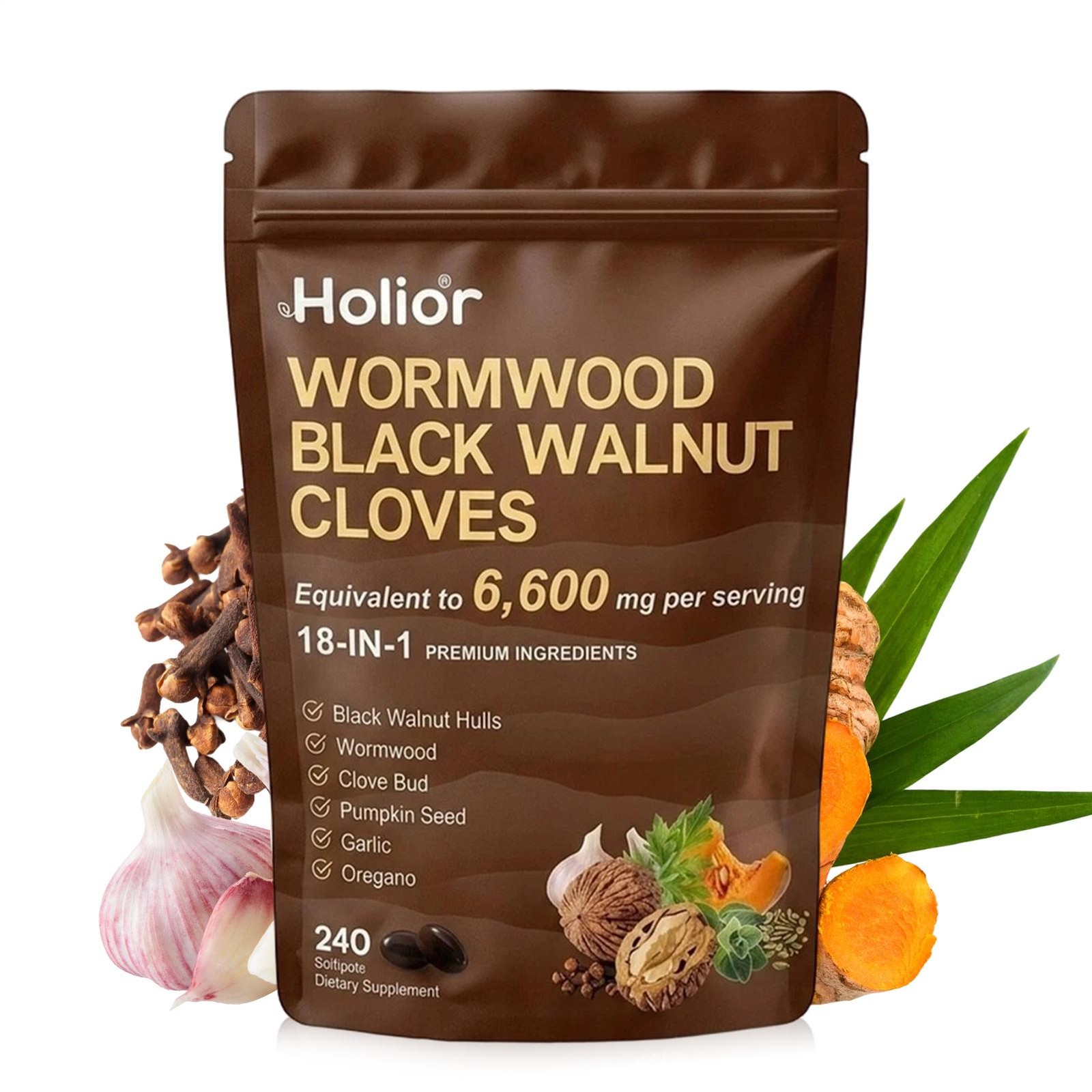 Holior Wormwood Black Walnut Clove Herbal Supplement 240 Softgels