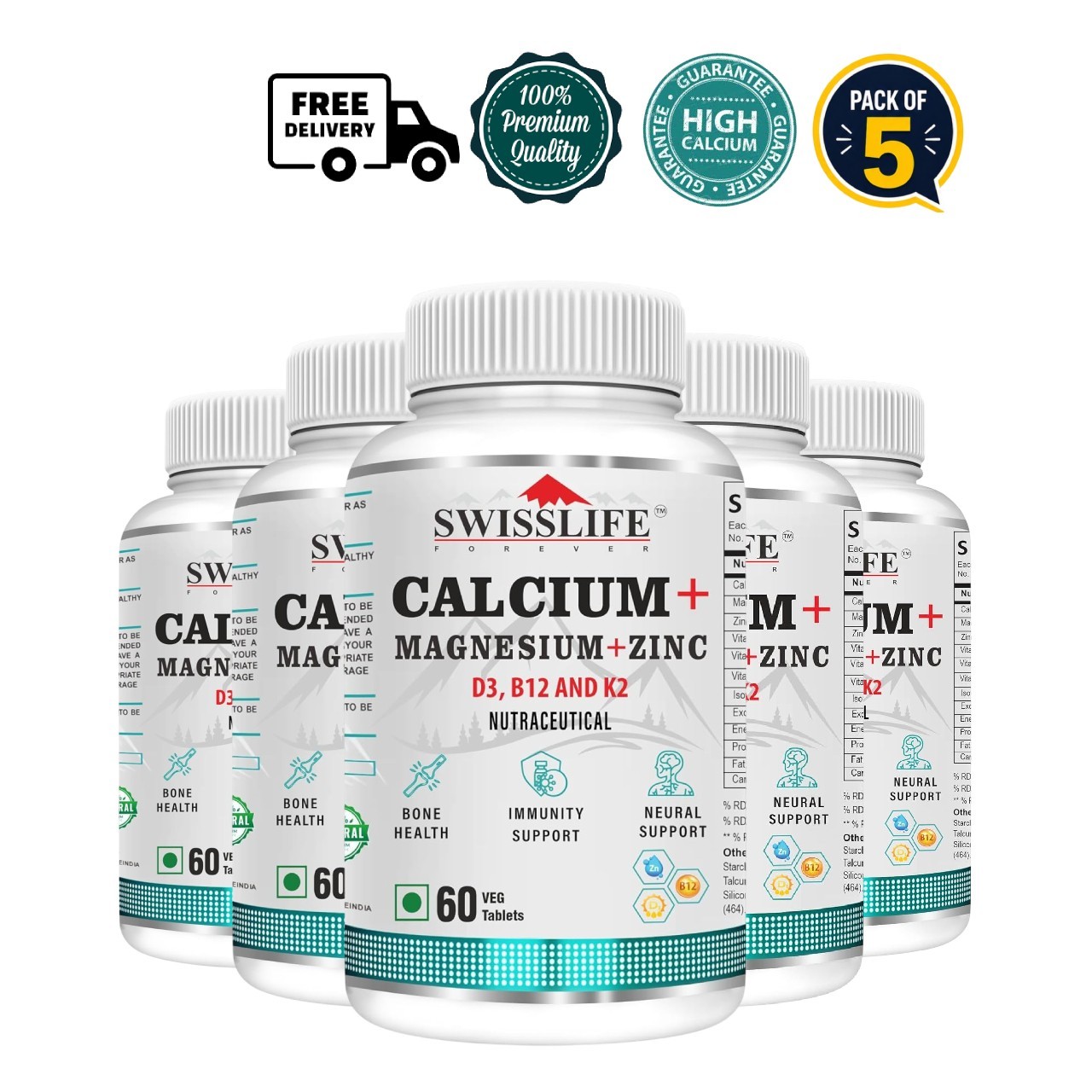 5 Pack SWISS.LIFE Forever Calcium Magnesium Zinc D3 K2 B12